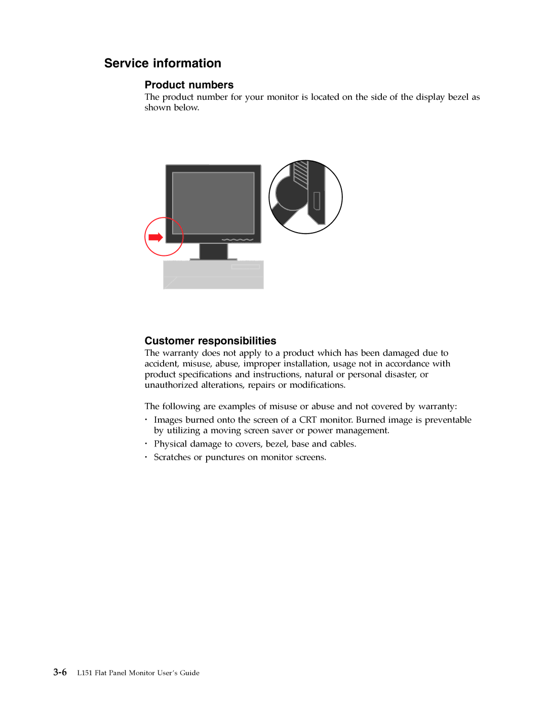 Lenovo L151 manual Service information, Product numbers, Customer responsibilities 