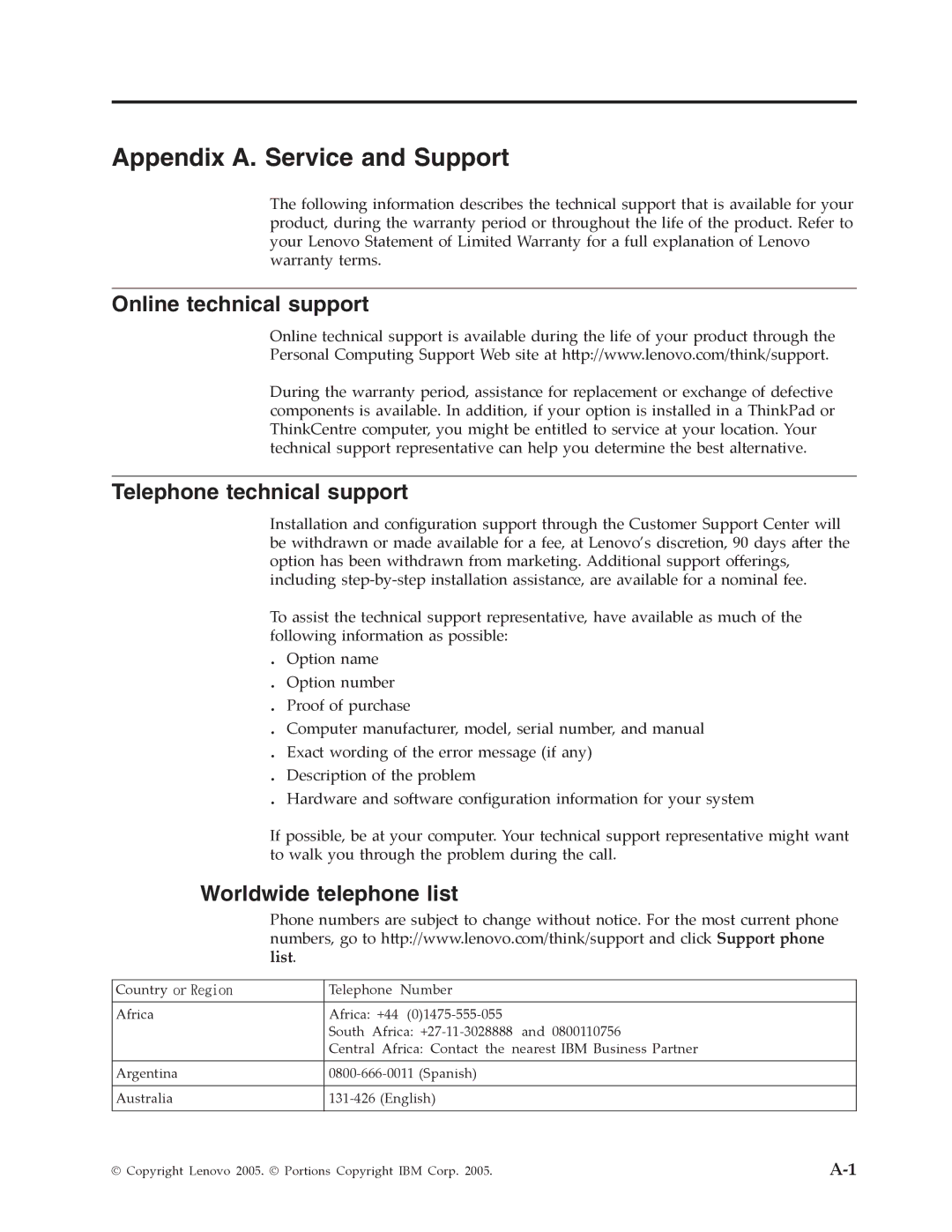 Lenovo L151 manual Appendix A. Service and Support, Online technical support, Telephone technical support 