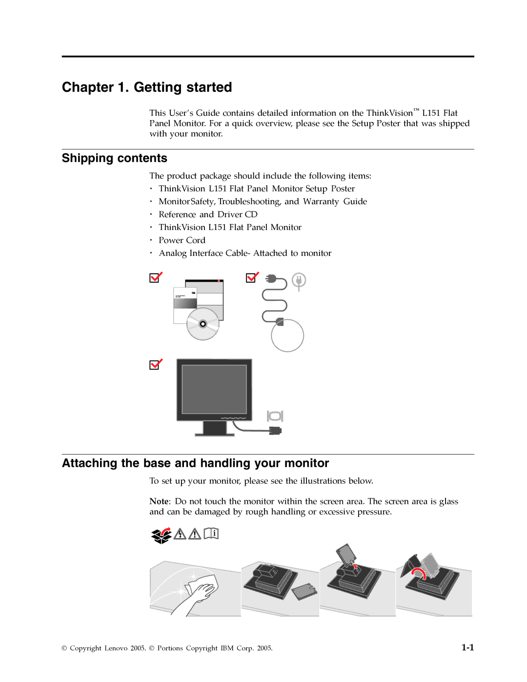 Lenovo L151 manual Getting started, Shipping contents, Attaching the base and handling your monitor 