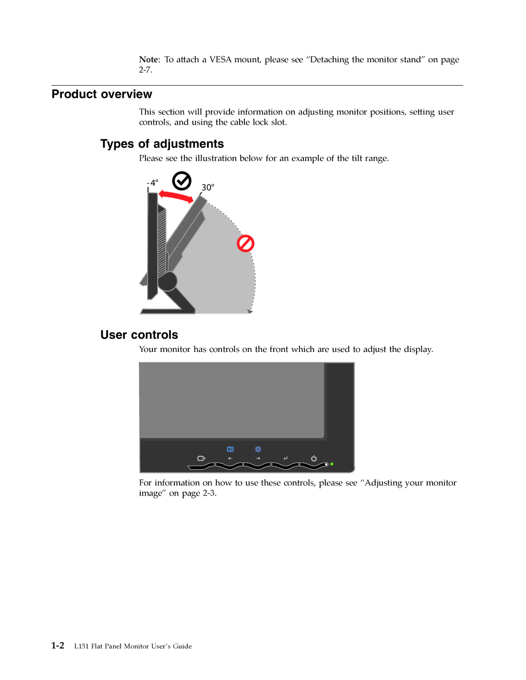 Lenovo L151 manual Product overview, Types of adjustments, User controls 