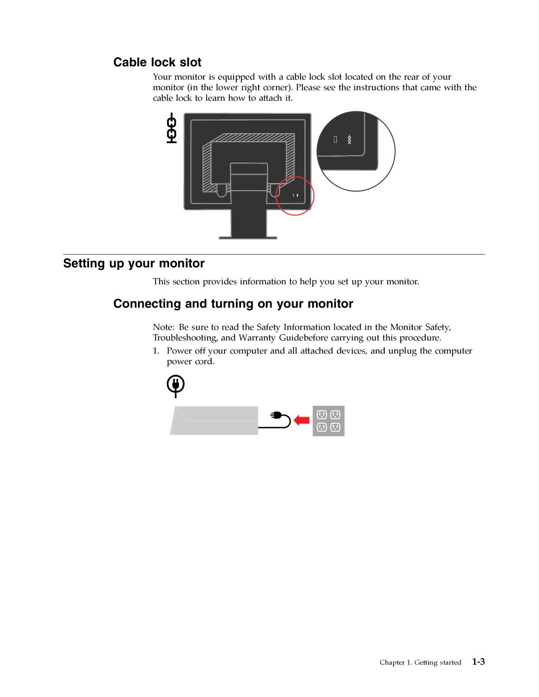 Lenovo L151 manual Cable lock slot, Setting up your monitor, Connecting and turning on your monitor 