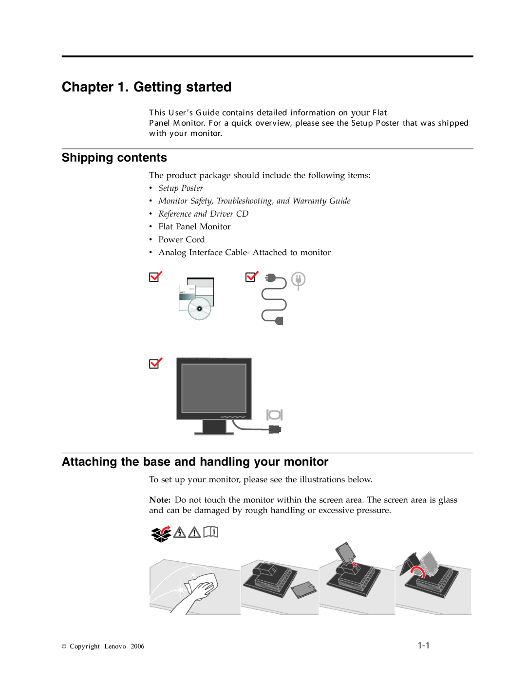 Lenovo L171 manual Getting started, Shipping contents, Attaching the base and handling your monitor 