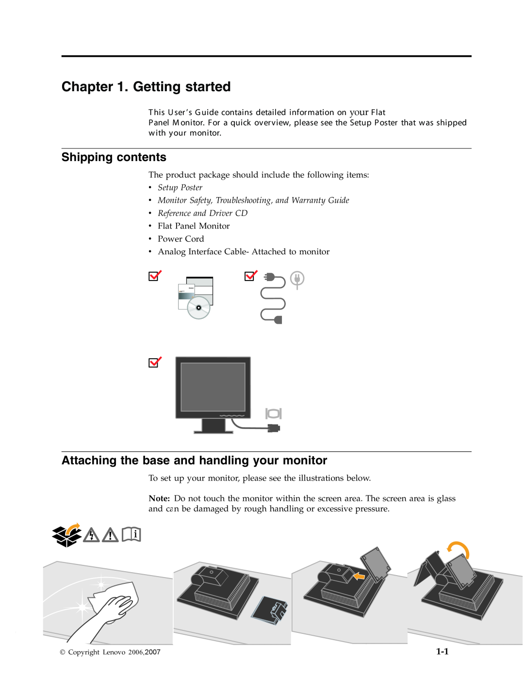 Lenovo L171 manual Getting started, Shipping contents, Attaching the base and handling your monitor, vSetup Poster 