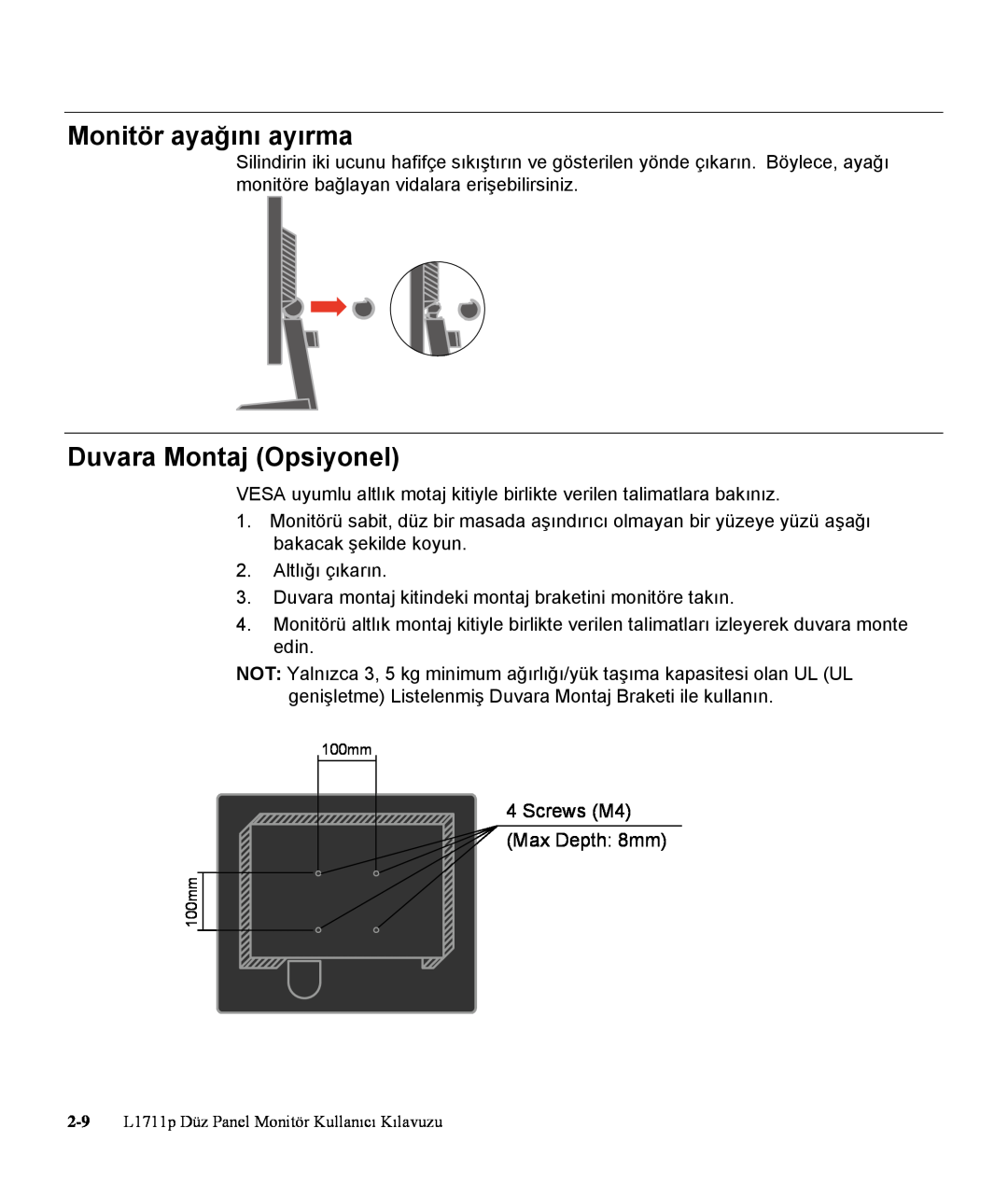 Lenovo L1711P manual Monitör ayağını ayırma, Duvara Montaj Opsiyonel, Screws M4 Max Depth 8mm 