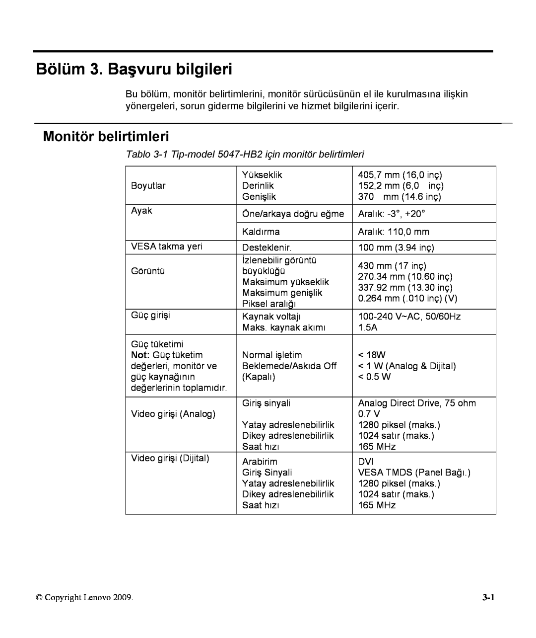 Lenovo L1711P manual Bölüm 3. Başvuru bilgileri, Monitör belirtimleri 