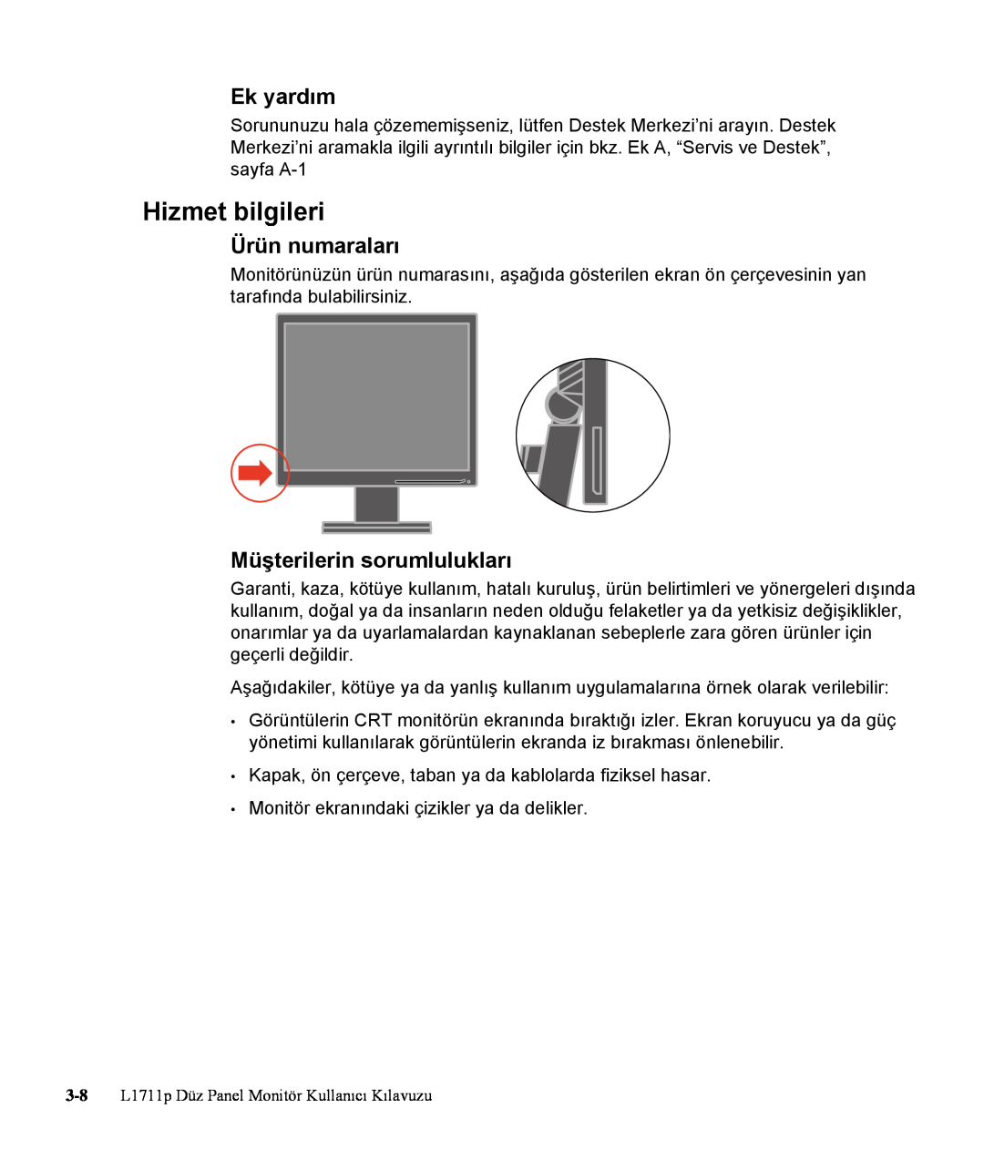 Lenovo L1711P manual Hizmet bilgileri, Ek yardım, Ürün numaraları, Müşterilerin sorumlulukları 