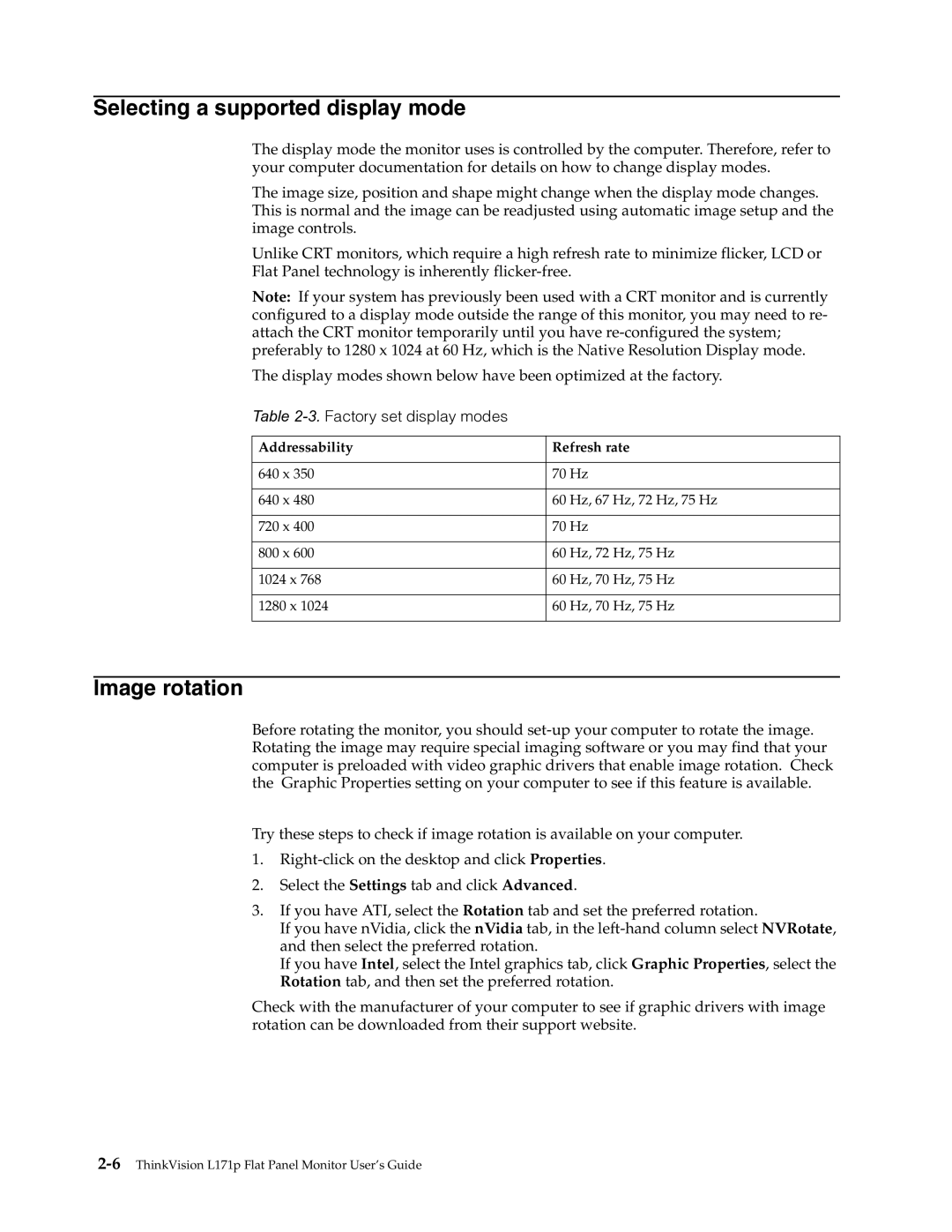 Lenovo L171p manual Selecting a supported display mode, Image rotation, Factory set display modes 