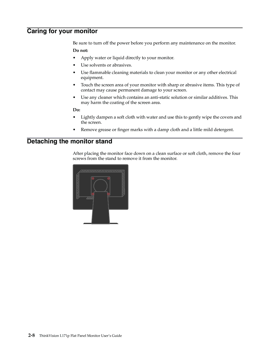 Lenovo L171p manual Caring for your monitor, Detaching the monitor stand 