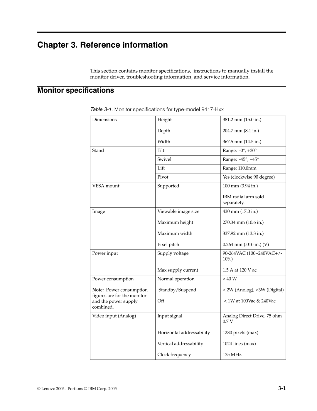 Lenovo L171p manual Reference information, Monitor specifications for type-model 9417-Hxx 