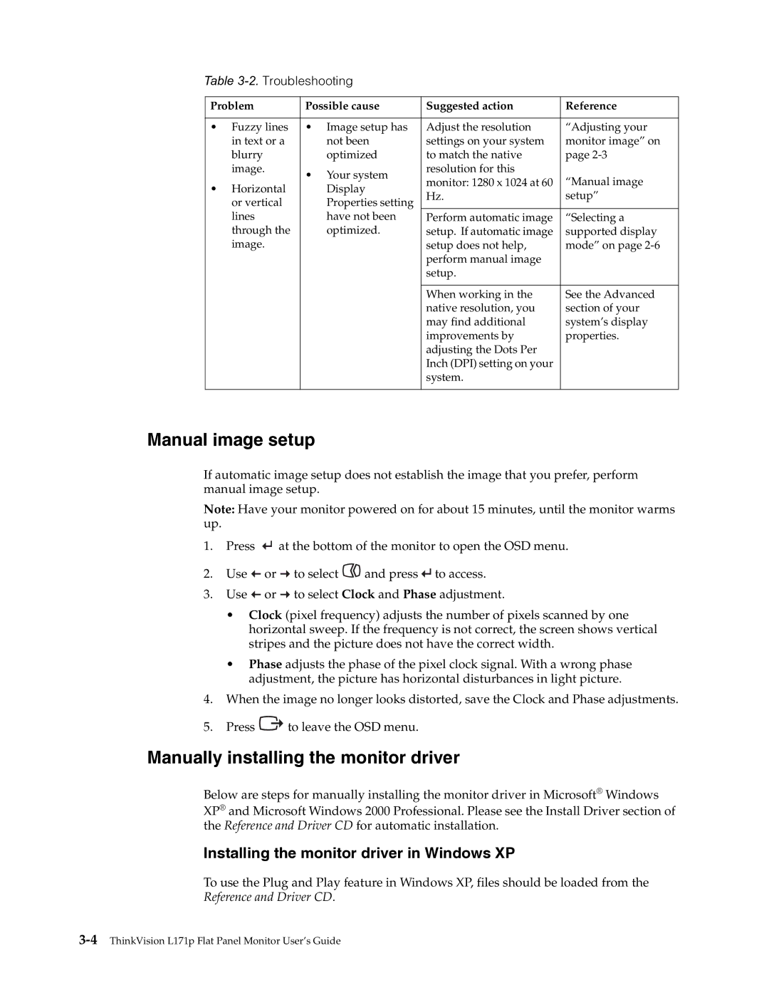 Lenovo L171p manual Manual image setup, Manually installing the monitor driver, Installing the monitor driver in Windows XP 