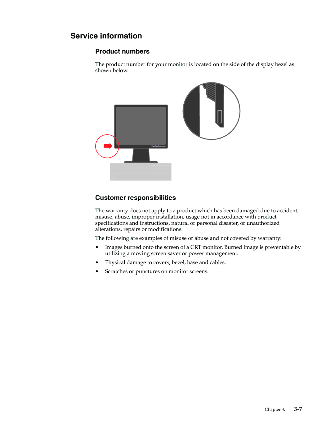 Lenovo L171p manual Service information, Product numbers, Customer responsibilities 