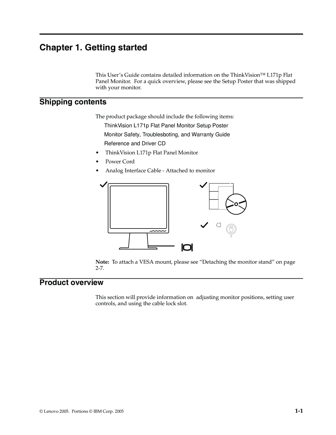 Lenovo L171p manual Getting started, Shipping contents, Product overview 