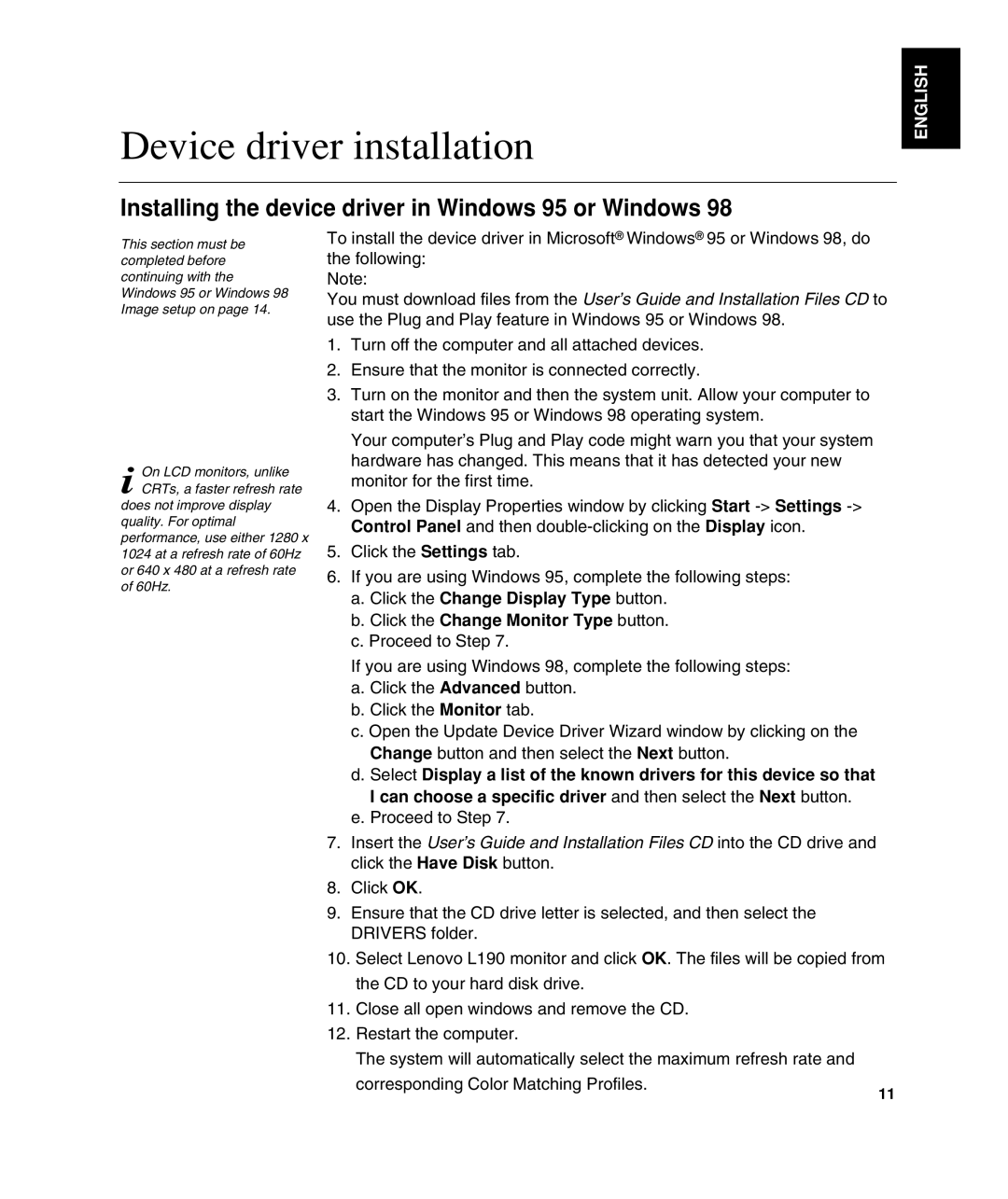Lenovo L190 manual Device driver installation, Installing the device driver in Windows 95 or Windows, English 