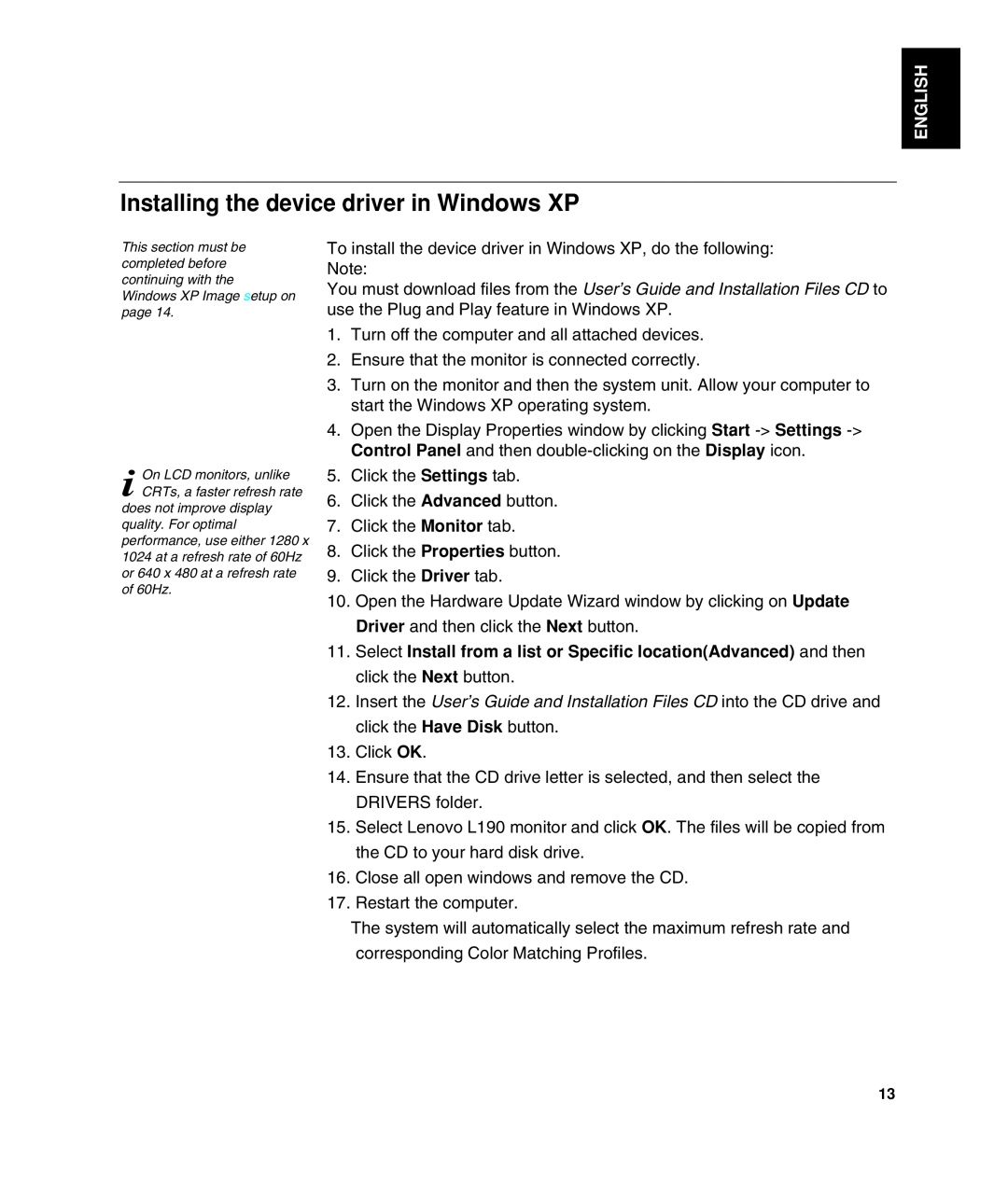 Lenovo L190 manual Installing the device driver in Windows XP, English 