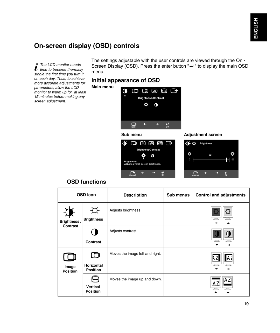 Lenovo L190 On-screen display OSD controls, Initial appearance of OSD, OSD functions, English, Sub menu, Adjustment screen 