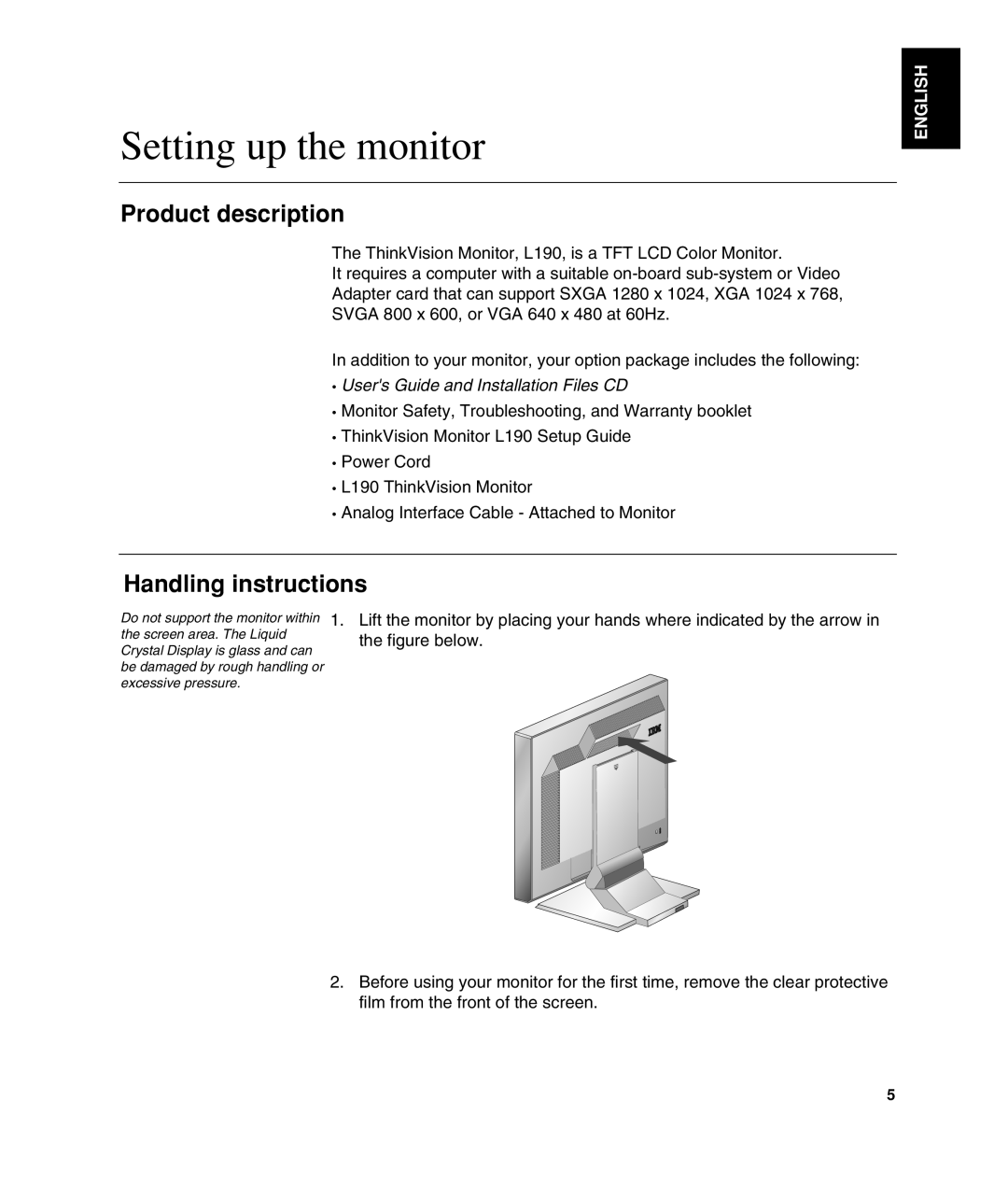 Lenovo L190 manual Setting up the monitor, Product description, Handling instructions, English 