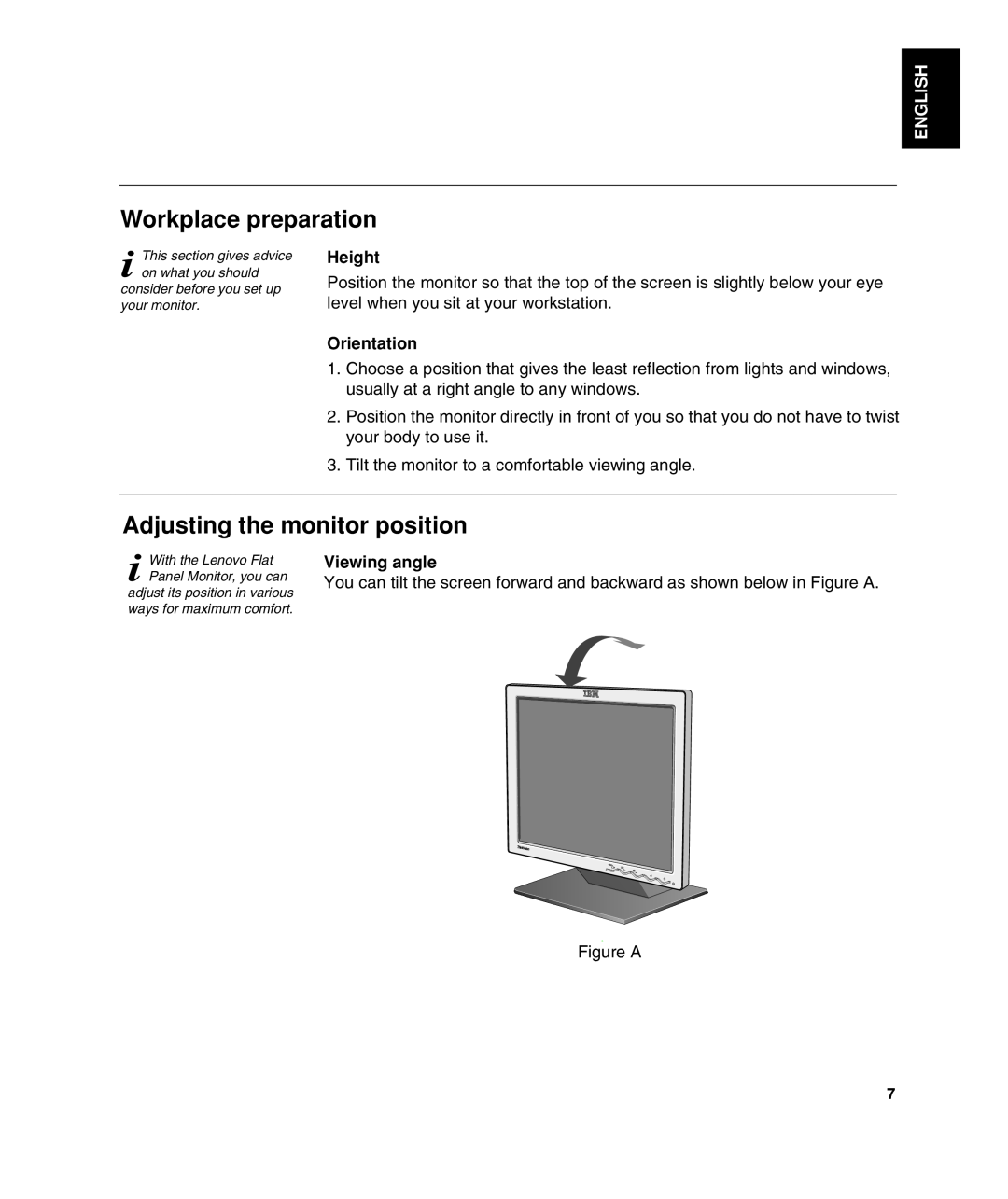 Lenovo L190 manual Workplace preparation, Adjusting the monitor position, Height, Orientation, Viewing angle, English 
