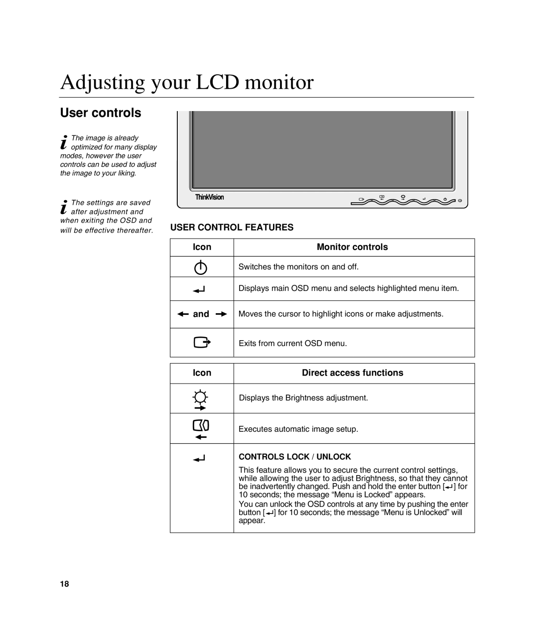 Lenovo L190 manual Adjusting your LCD monitor, User controls, Icon Monitor controls, Icon Direct access functions 