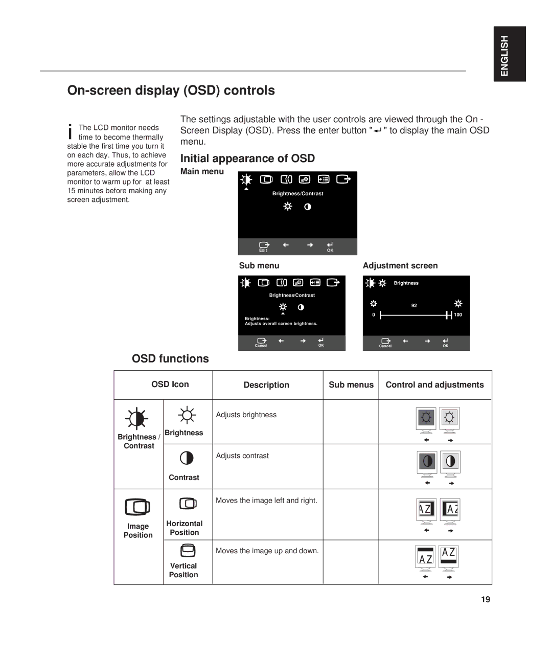 Lenovo L190 manual On-screen display OSD controls, Initial appearance of OSD 