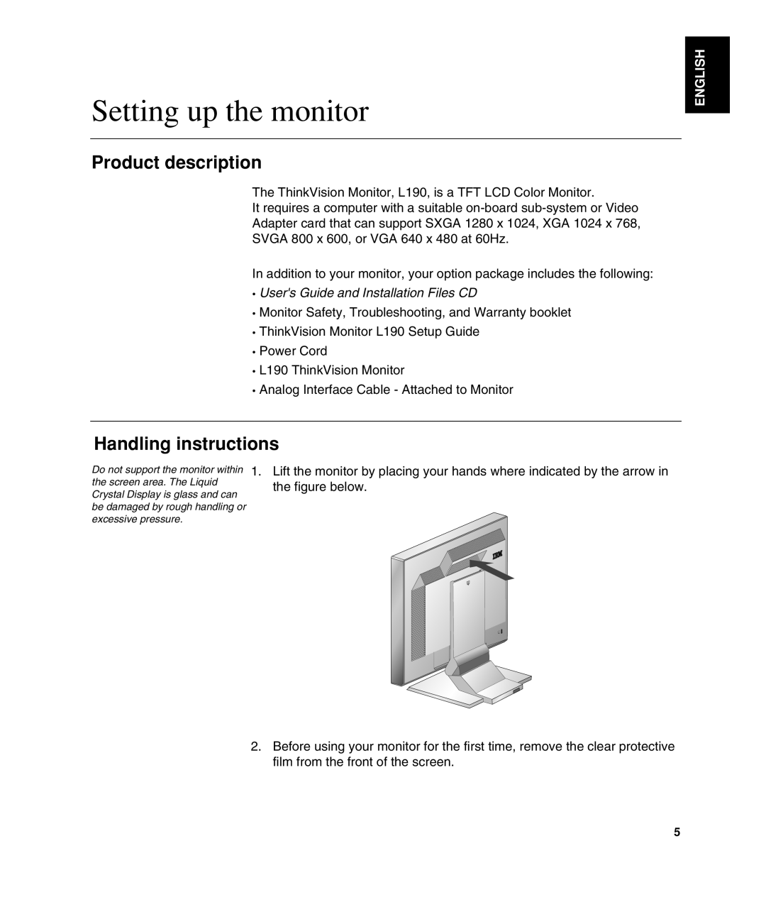 Lenovo L190 manual Setting up the monitor, Product description, Handling instructions 