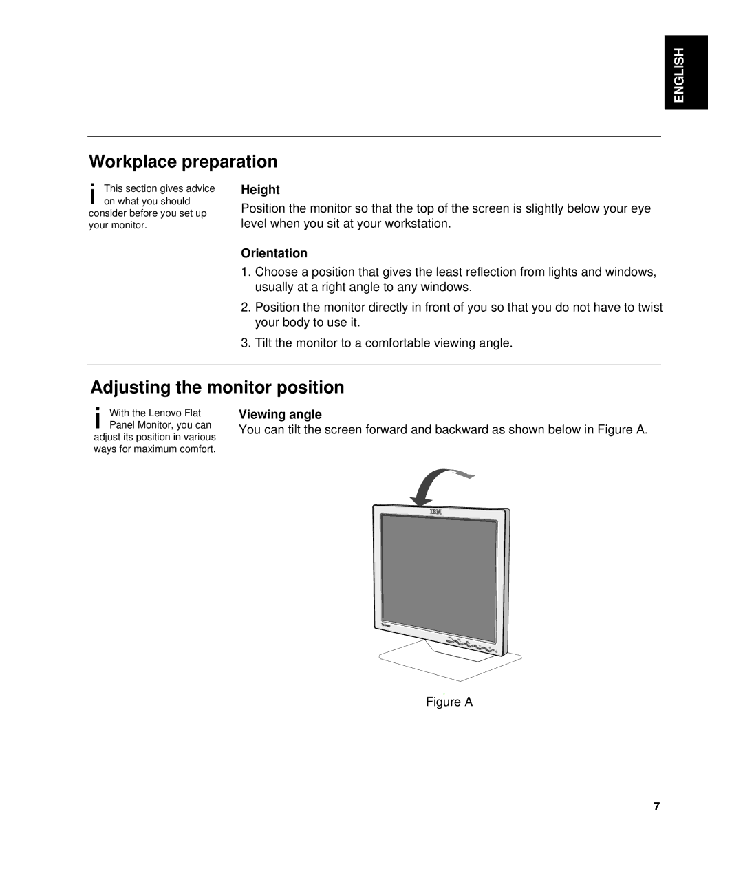 Lenovo L190 manual Workplace preparation, Adjusting the monitor position, Height, Orientation, Viewing angle 