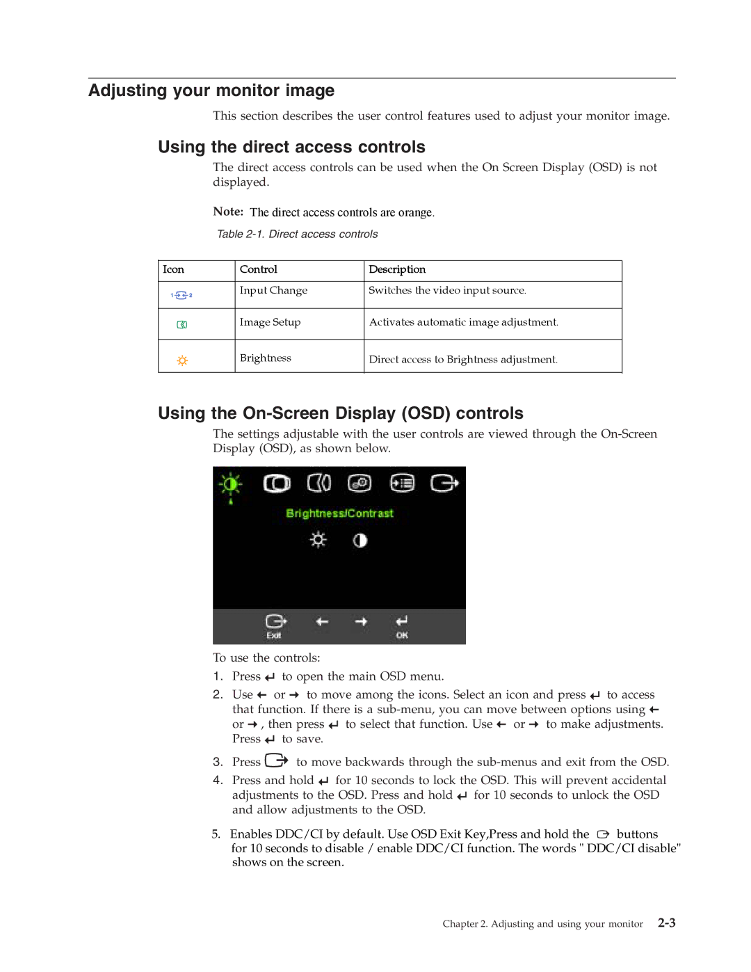 Lenovo L1900p Adjusting your monitor image, Using the direct access controls, Using the On-Screen Display OSD controls 