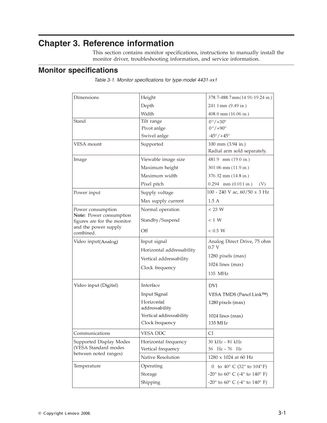 Lenovo 4431HE1, L1900p manual Reference information, Monitor specifications 