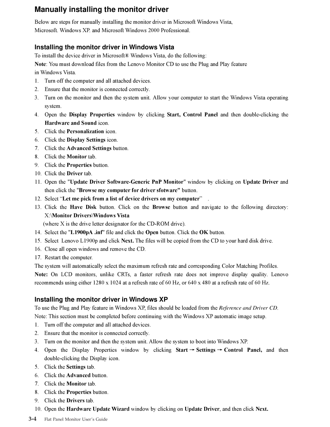 Lenovo L1900p, 4431HE1 manual Manually installing the monitor driver, Installing the monitor driver in Windows Vista 