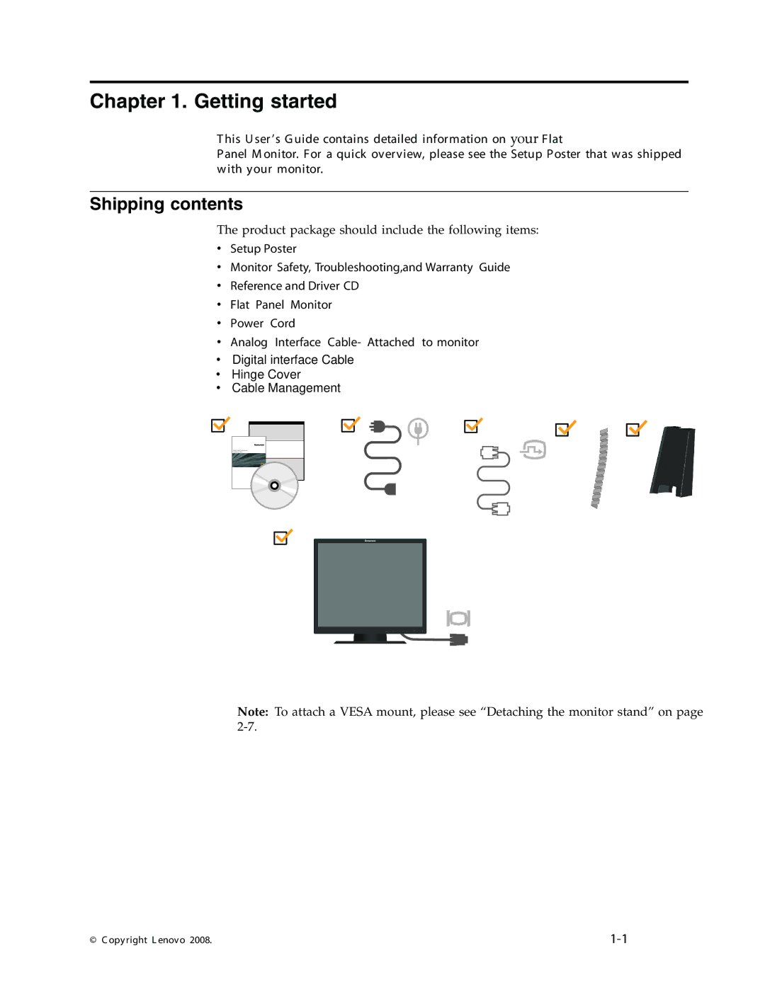 Lenovo 4431HE1, L1900p manual Getting started, Shipping contents 