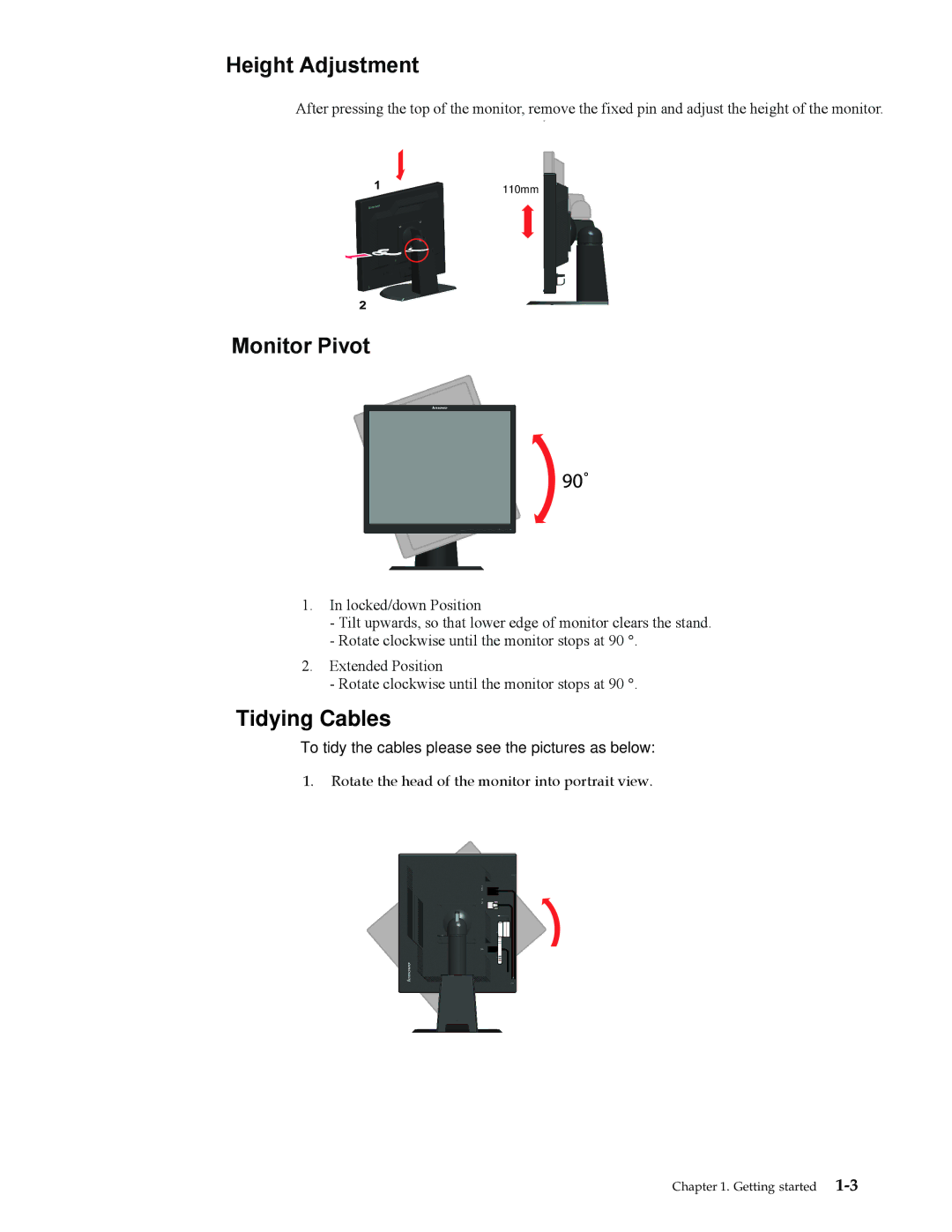 Lenovo 4431HE1, L1900p manual Height Adjustment, Monitor Pivot, Tidying Cables 