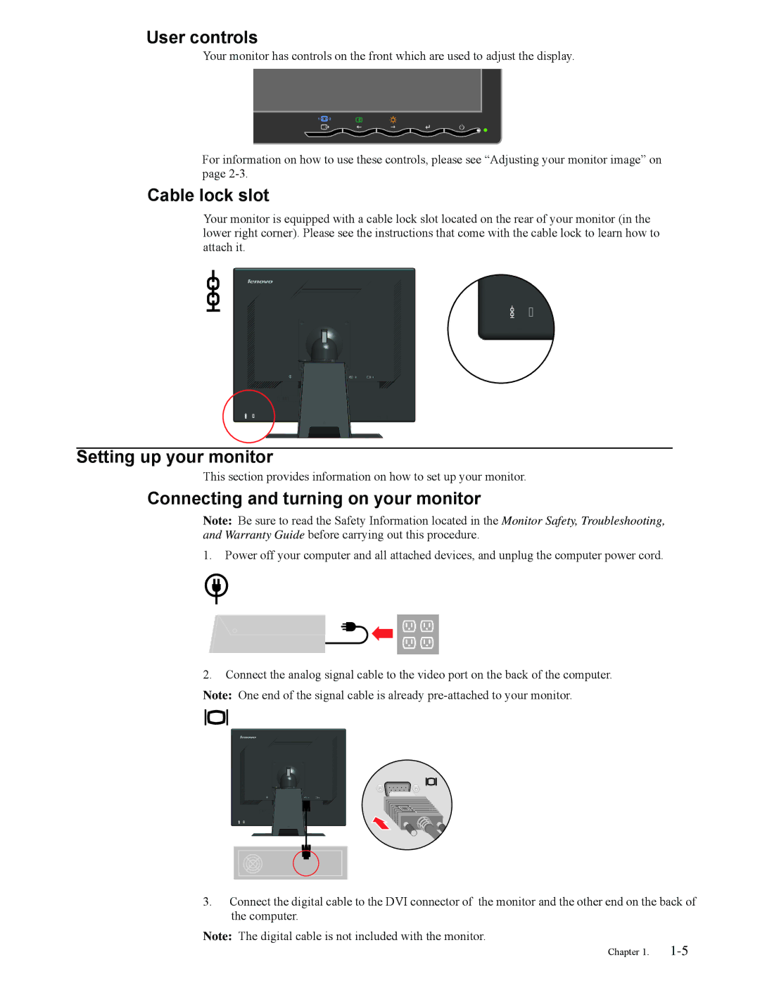 Lenovo 4431HE1, L1900p User controls, Cable lock slot, Setting up your monitor, Connecting and turning on your monitor 