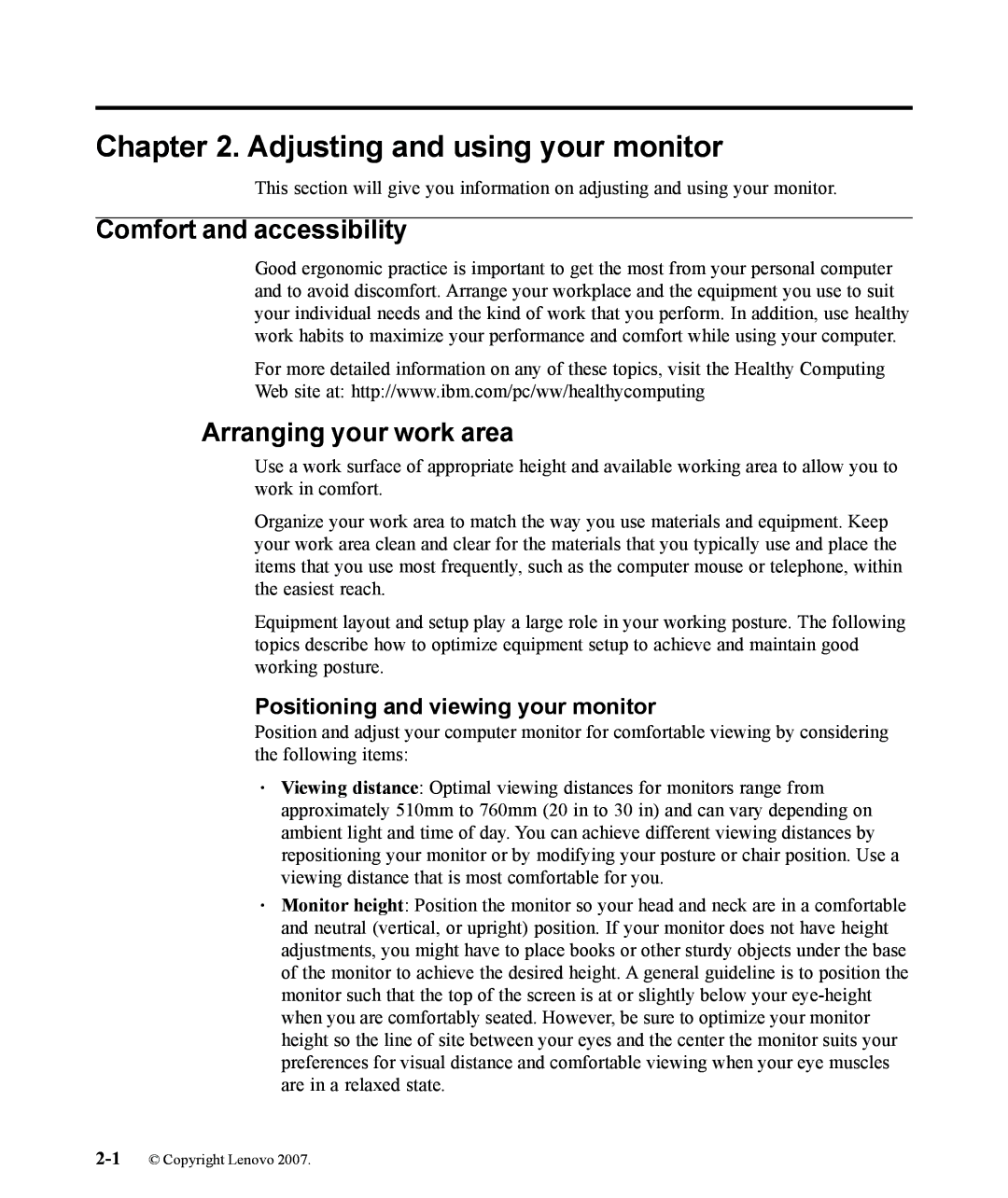 Lenovo L190x manual Adjusting and using your monitor, Comfort and accessibility, Arranging your work area 