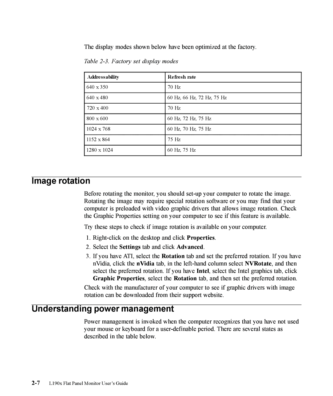 Lenovo L190x manual Image rotation, Understanding power management, Factory set display modes 