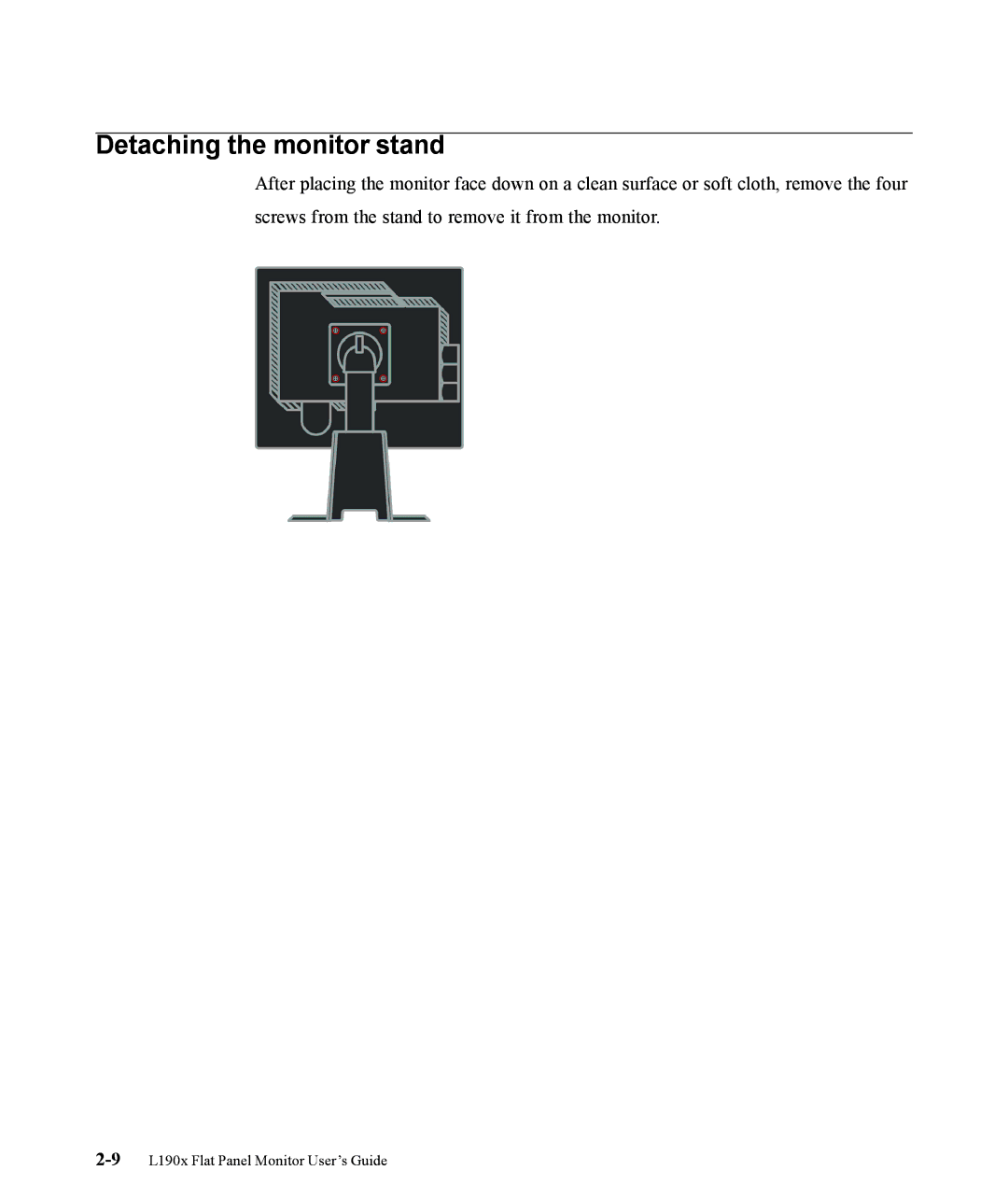 Lenovo L190x manual Detaching the monitor stand 