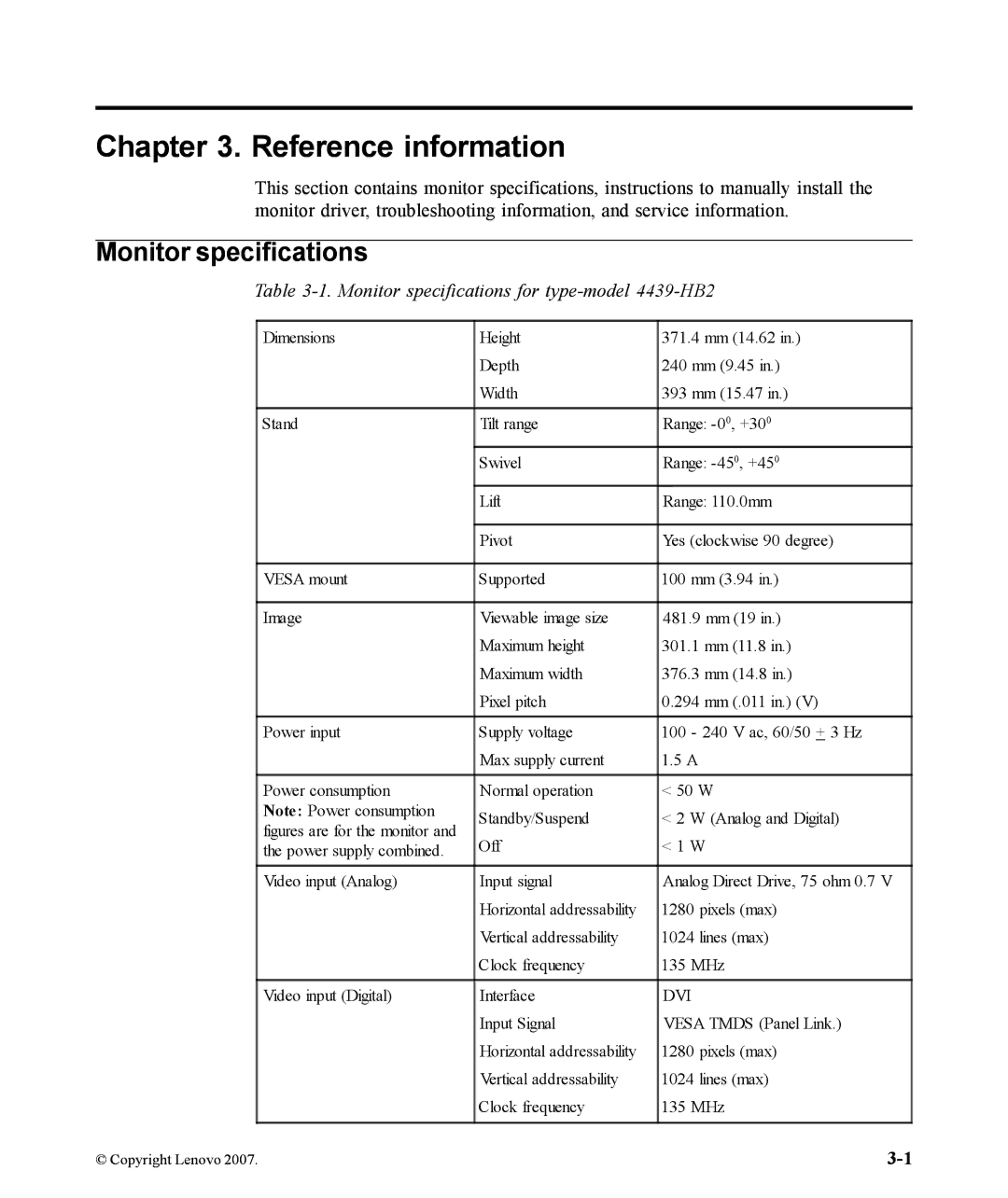 Lenovo L190x manual Reference information, Monitor specifications for type-model 4439-HB2 