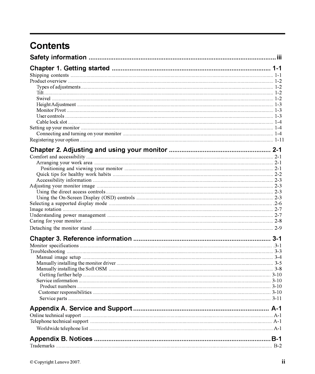 Lenovo L190x manual Contents 