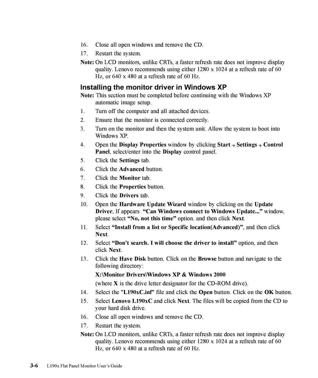 Lenovo L190x manual Installing the monitor driver in Windows XP, Monitor Drivers\Windows XP & Windows 