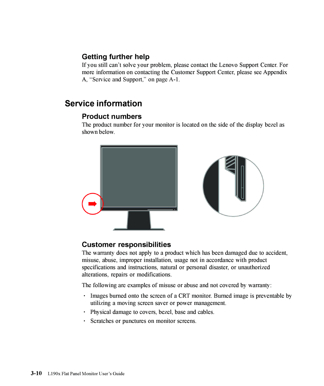 Lenovo L190x manual Service information, Getting further help, Product numbers, Customer responsibilities 