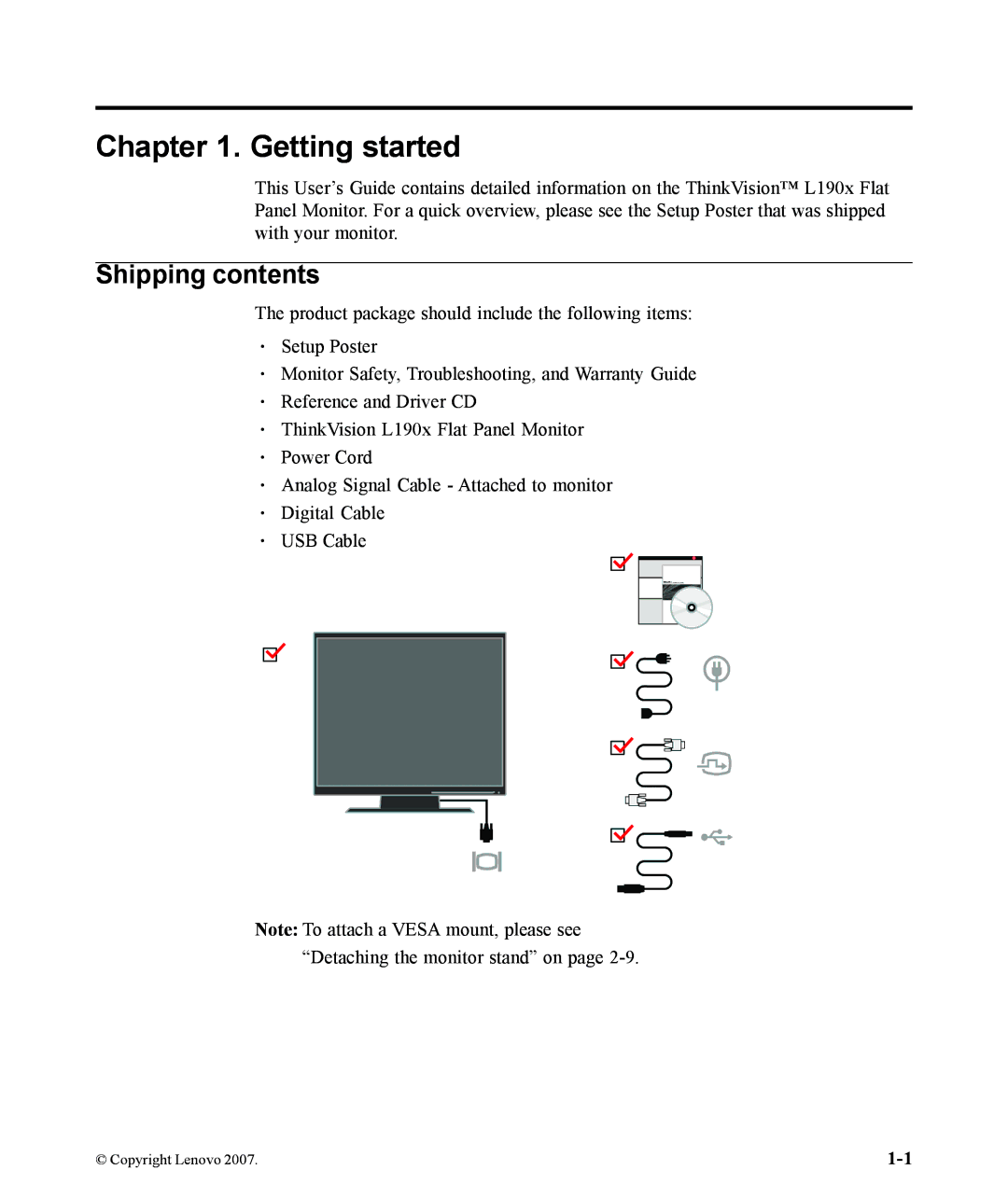 Lenovo L190x manual Getting started, Shipping contents 