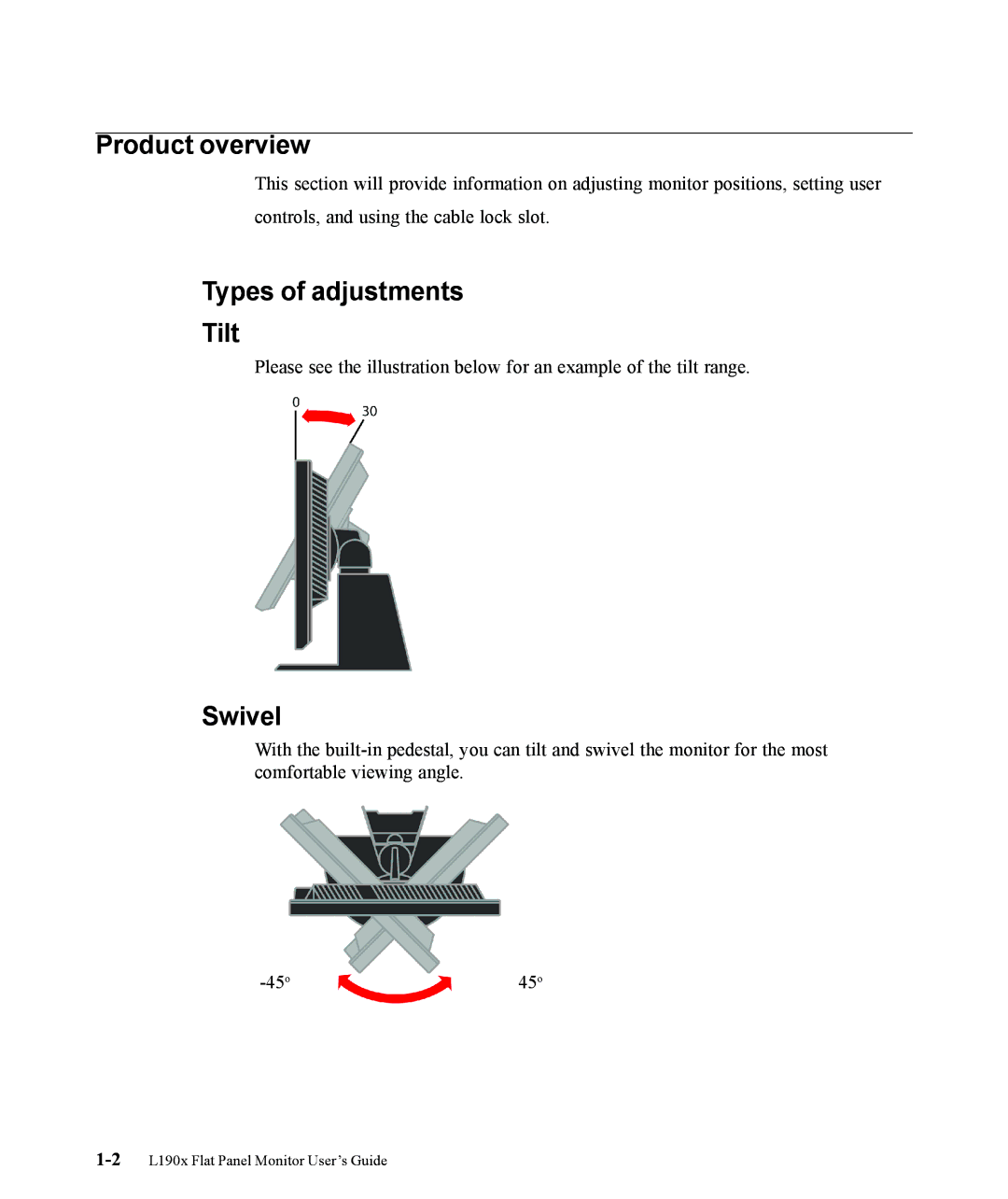 Lenovo L190x manual Product overview, Types of adjustments Tilt, Swivel 