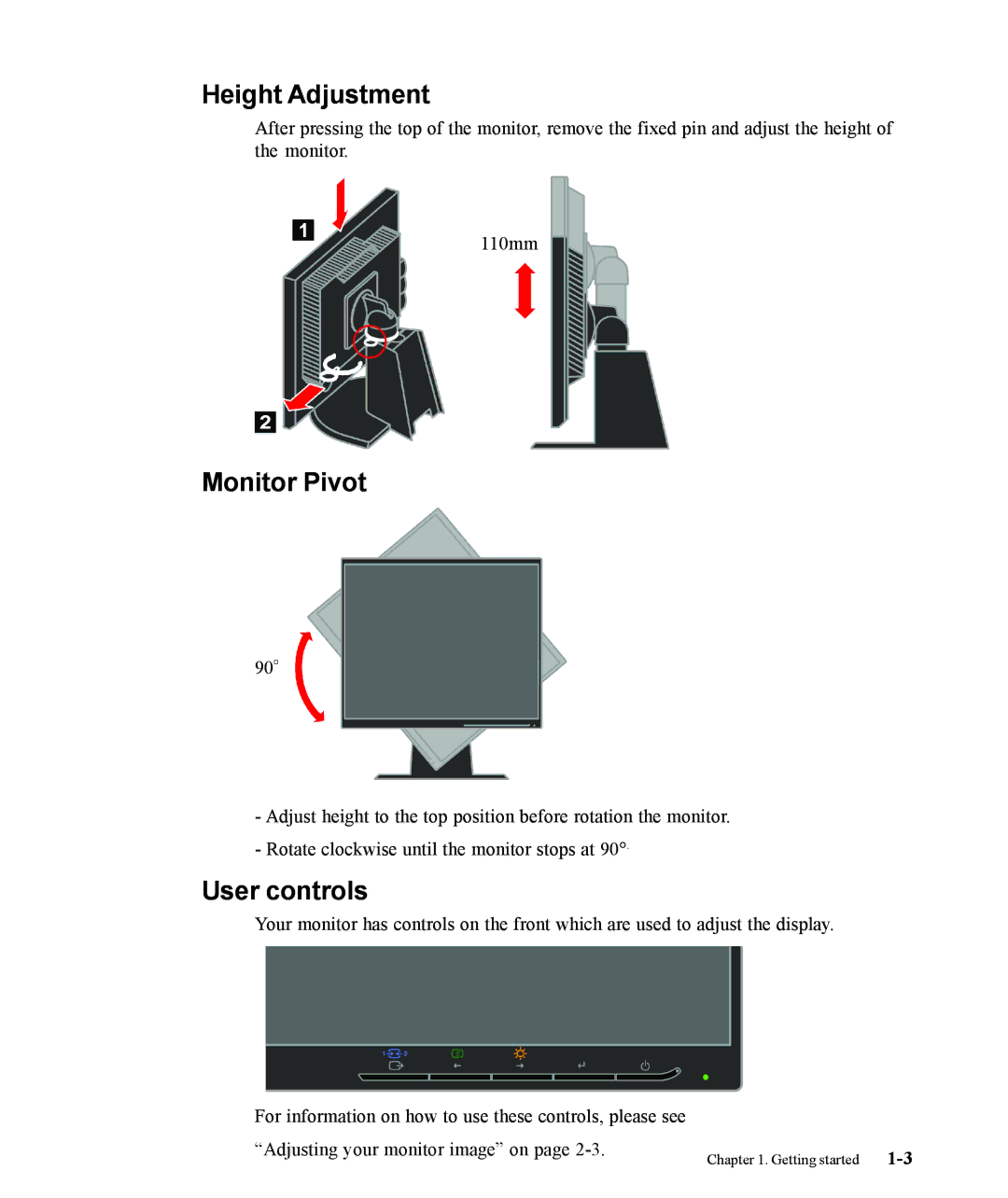 Lenovo L190x manual Height Adjustment, Monitor Pivot, User controls 