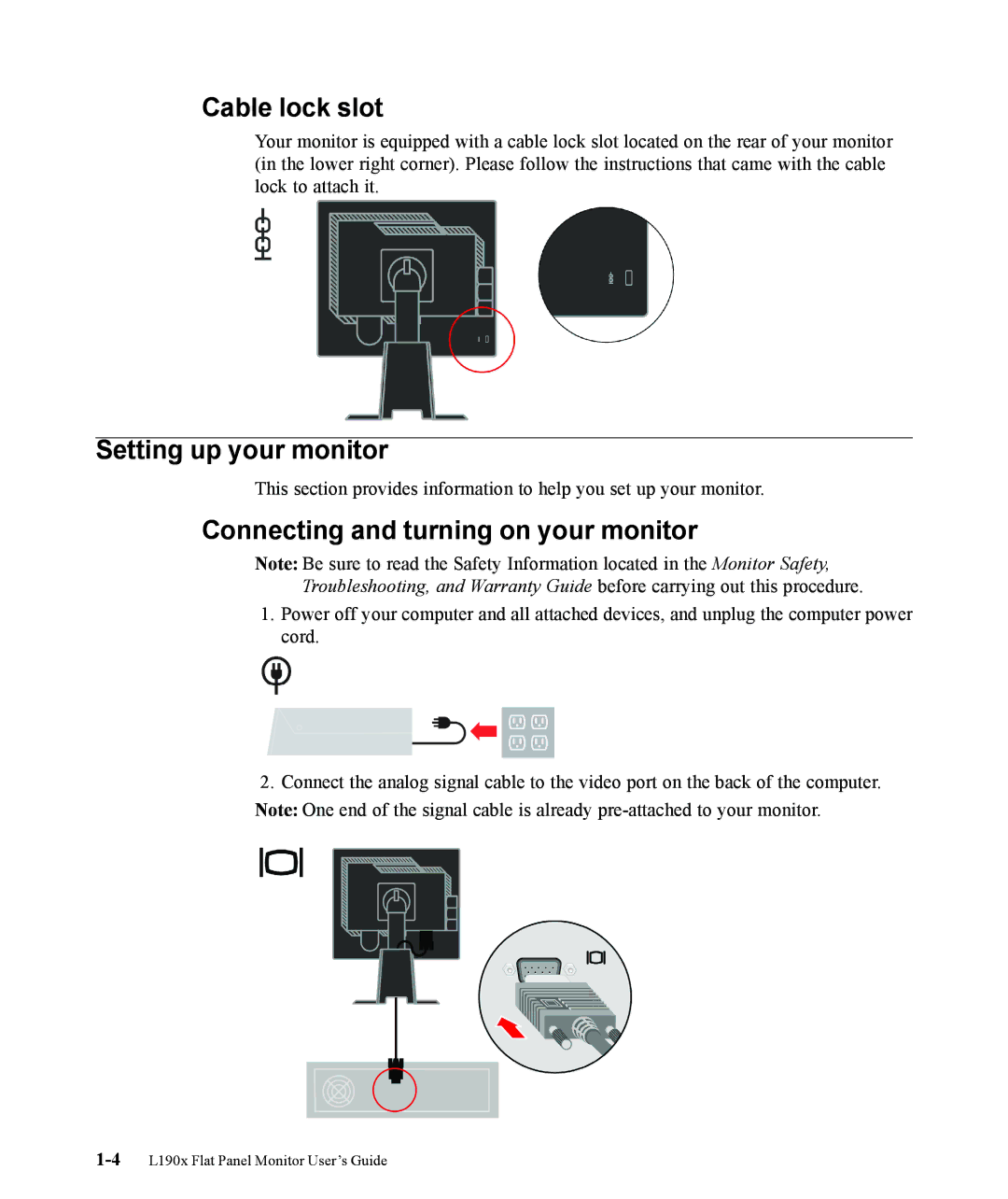 Lenovo L190x manual Cable lock slot, Setting up your monitor, Connecting and turning on your monitor 