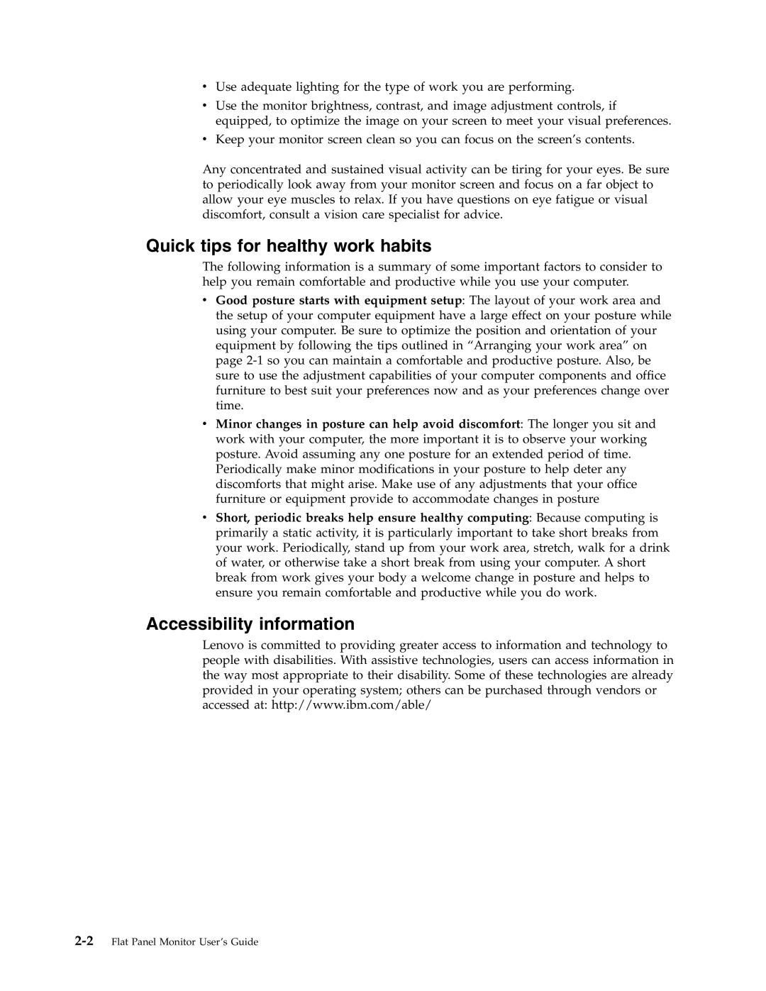 Lenovo L191 manual Quick tips for healthy work habits, Accessibility information 