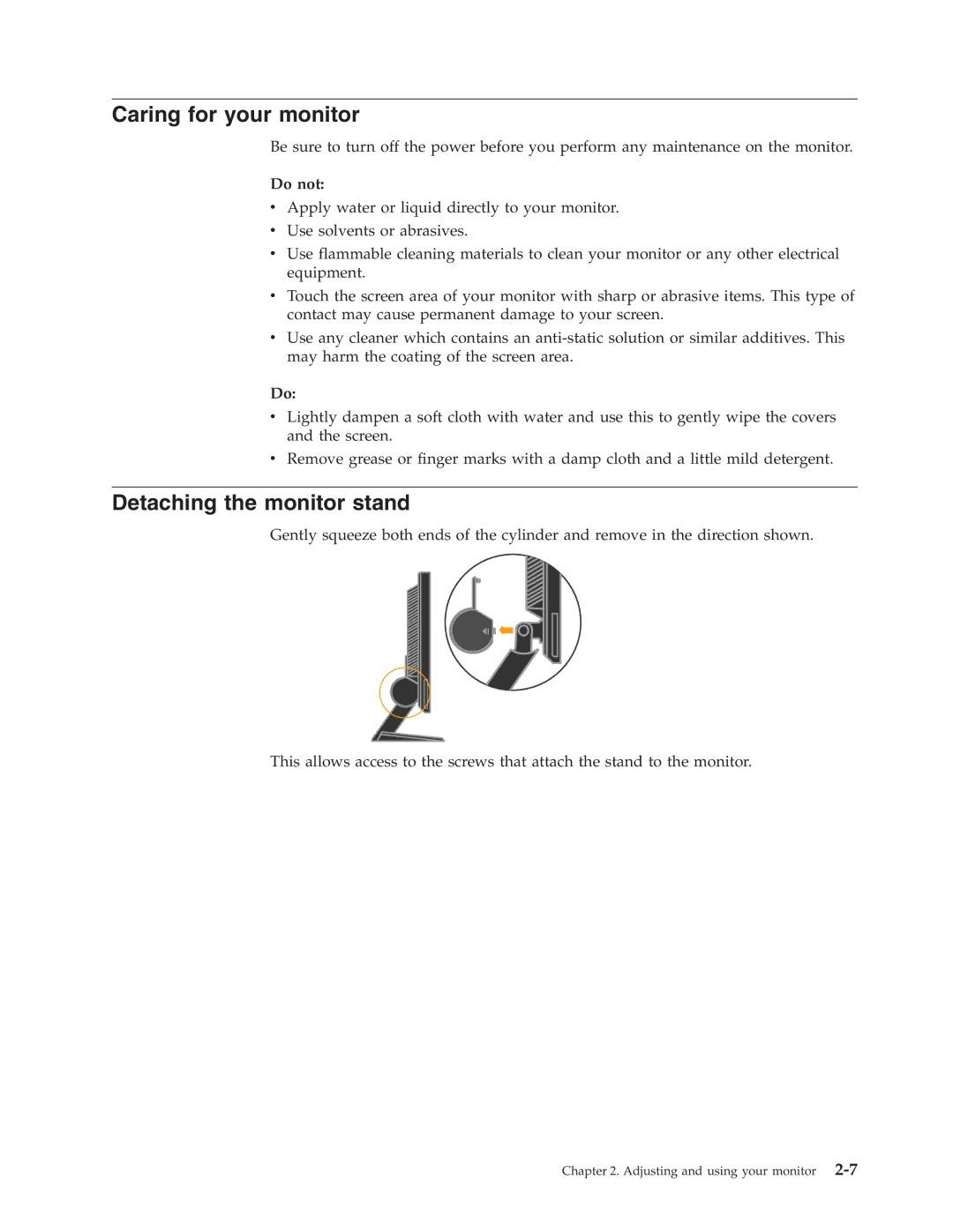 Lenovo L191 manual Caring for your monitor, Detaching the monitor stand 