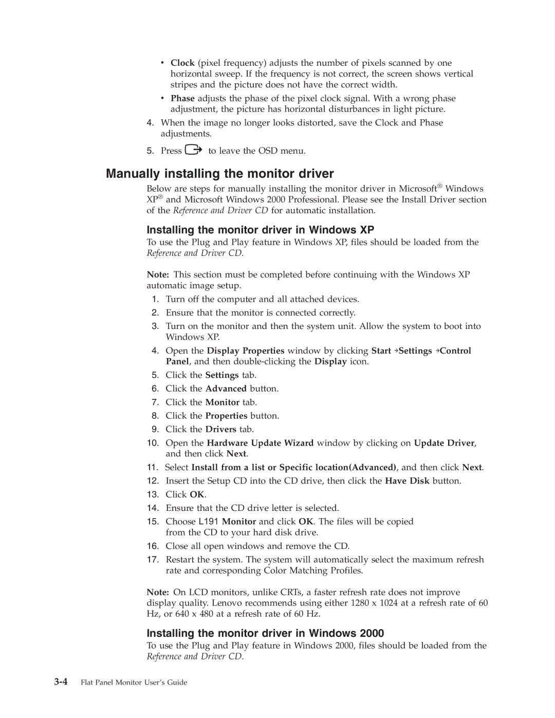 Lenovo L191 manual Manually installing the monitor driver, Installing the monitor driver in Windows XP 