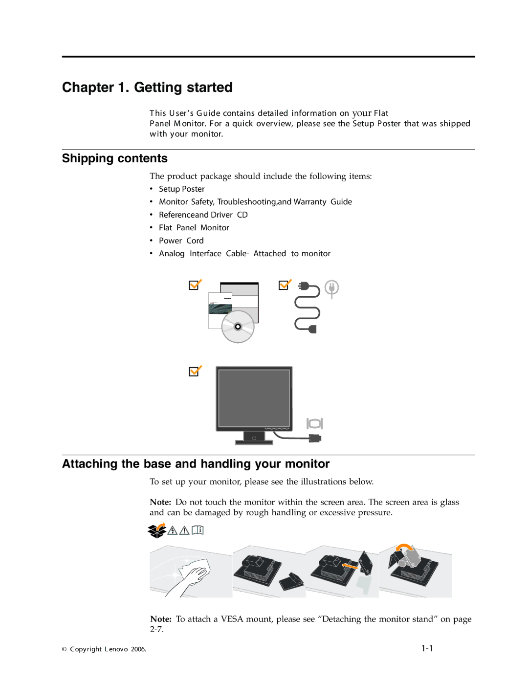 Lenovo L191 manual Getting started, Shipping contents, Attaching the base and handling your monitor 