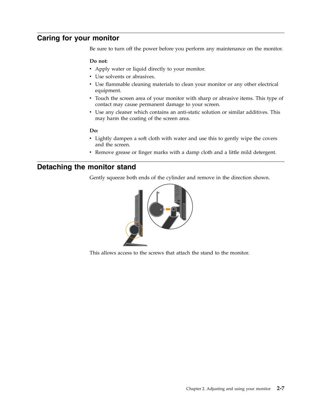 Lenovo L191 manual Caring for your monitor, Detaching the monitor stand, Do not 