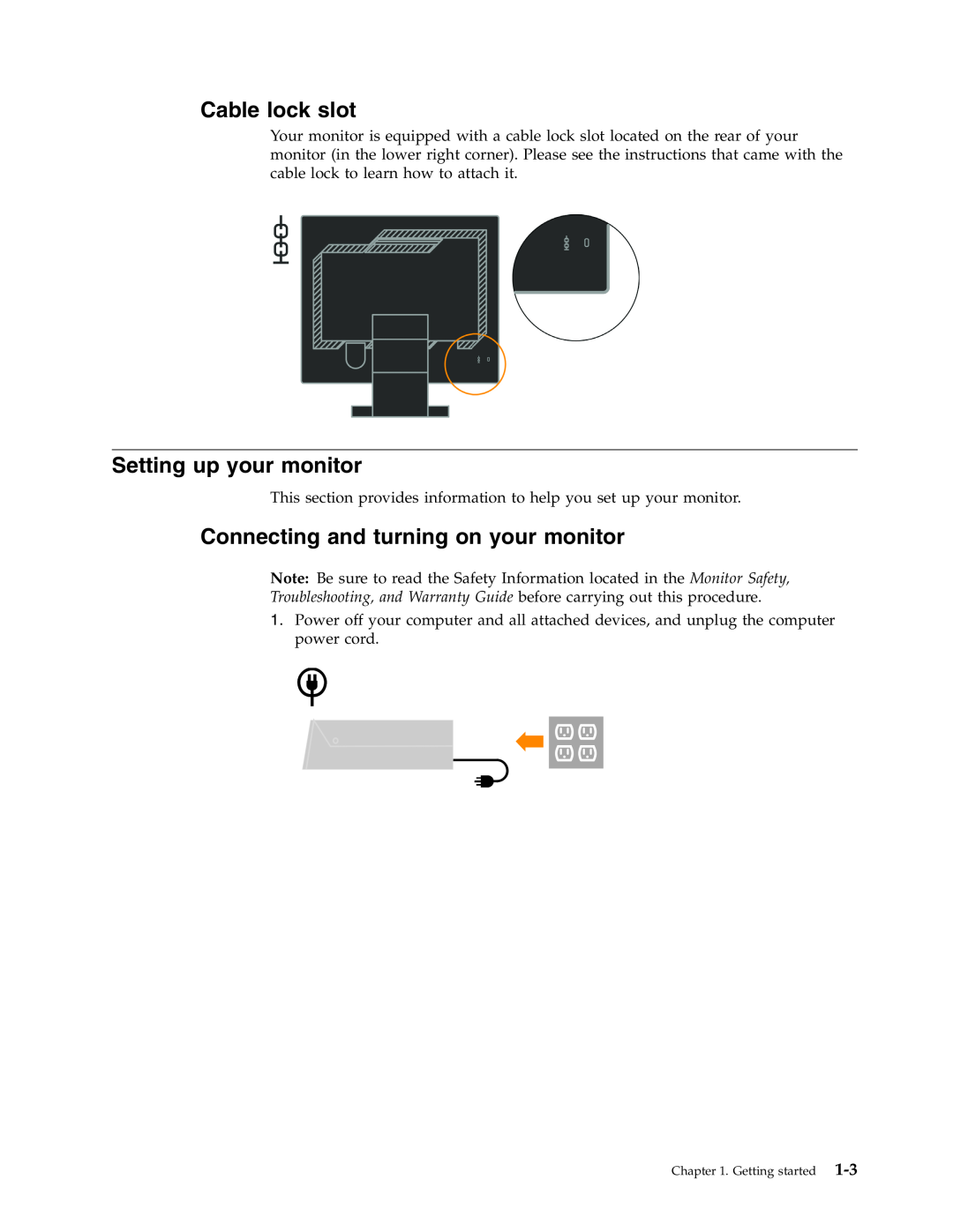 Lenovo L191 manual Cable lock slot, Setting up your monitor, Connecting and turning on your monitor, Getting started 