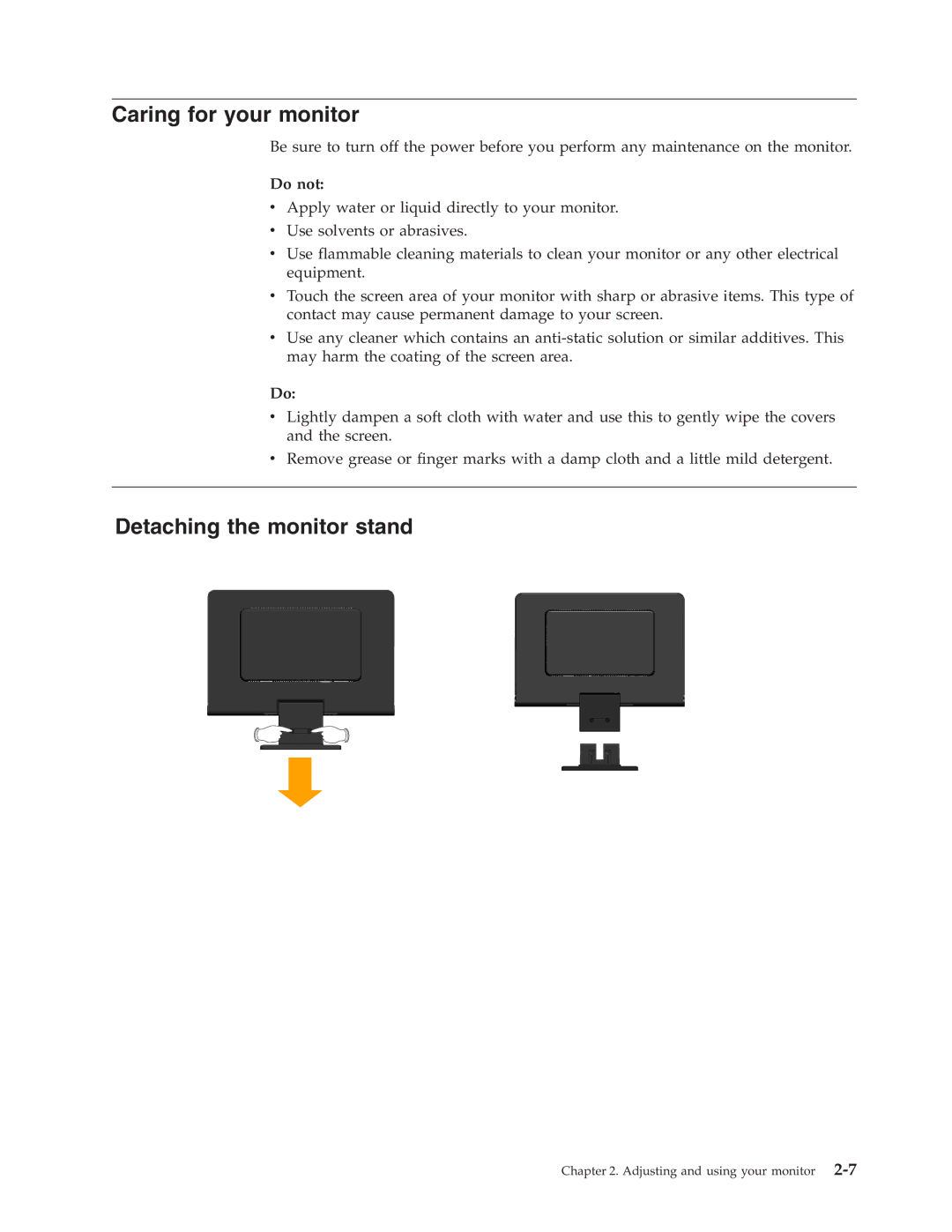 Lenovo 41A1758, L192, 6920-AJ1, 6920-AB1, 41A1759, 41A1756, 41A1755 manual Caring for your monitor, Detaching the monitor stand 