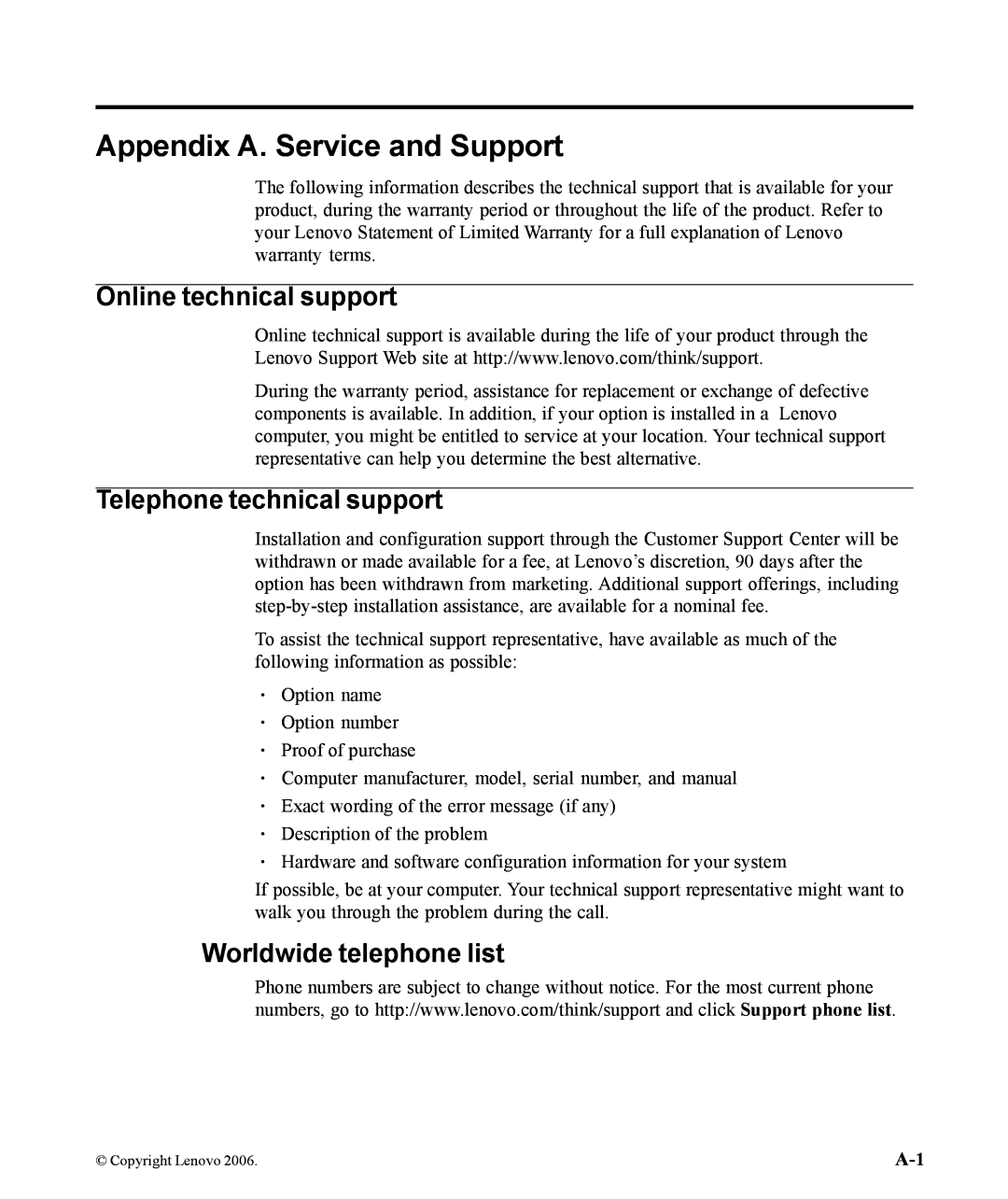 Lenovo L192P manual Appendix A. Service and Support, Online technical support, Telephone technical support 